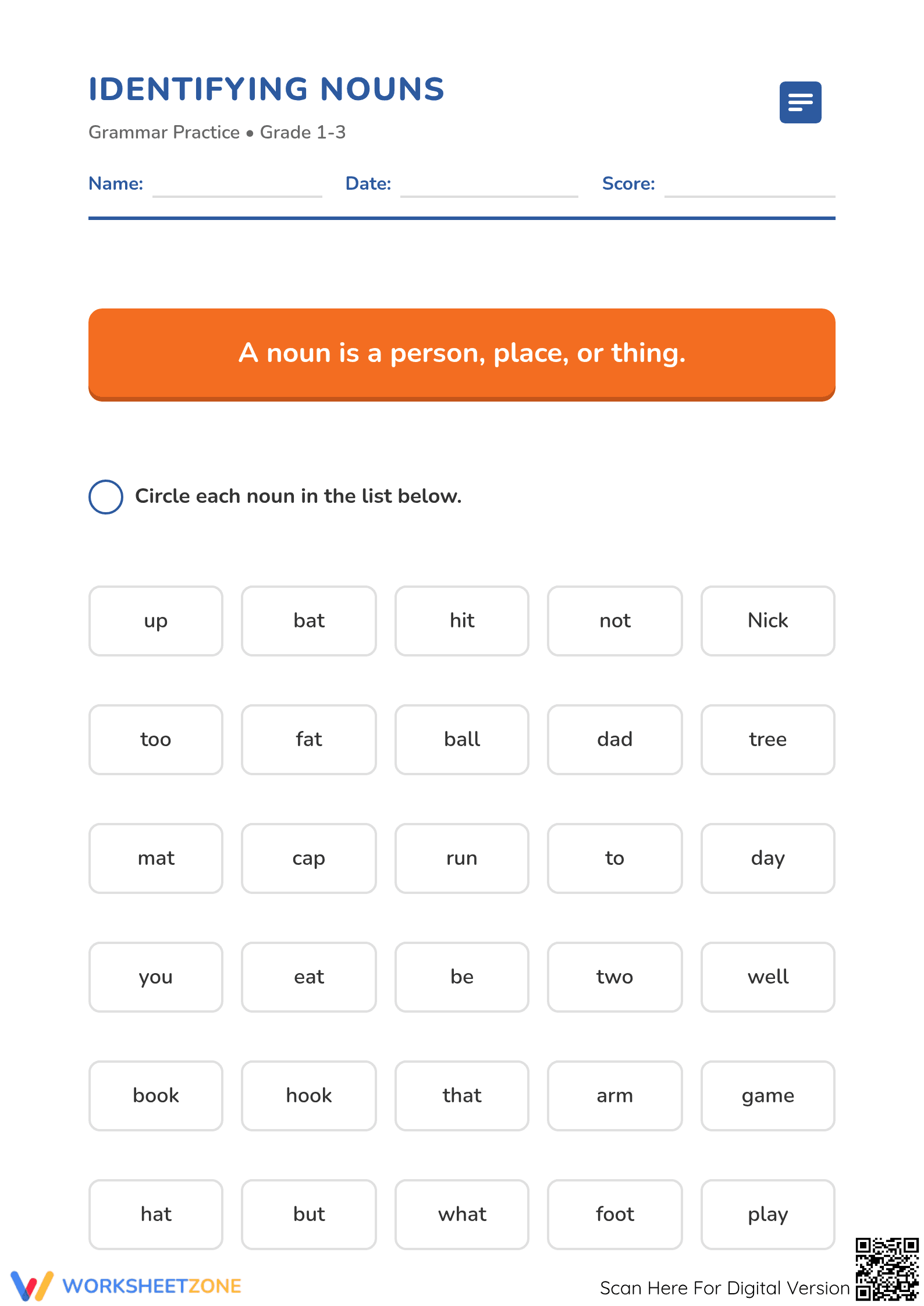 Identifying Nouns Worksheet | Grade 1-3 Printable - Page 1