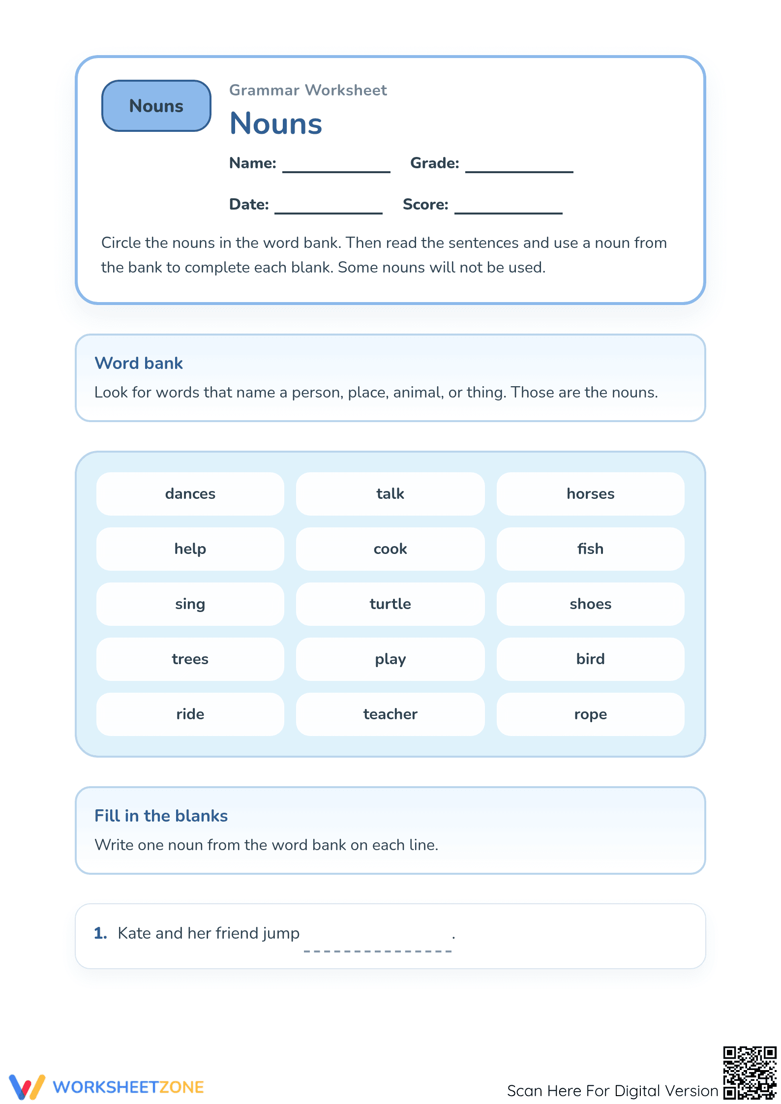 Grade 1 Nouns — Essential Printable No-Prep Worksheet - Page 1