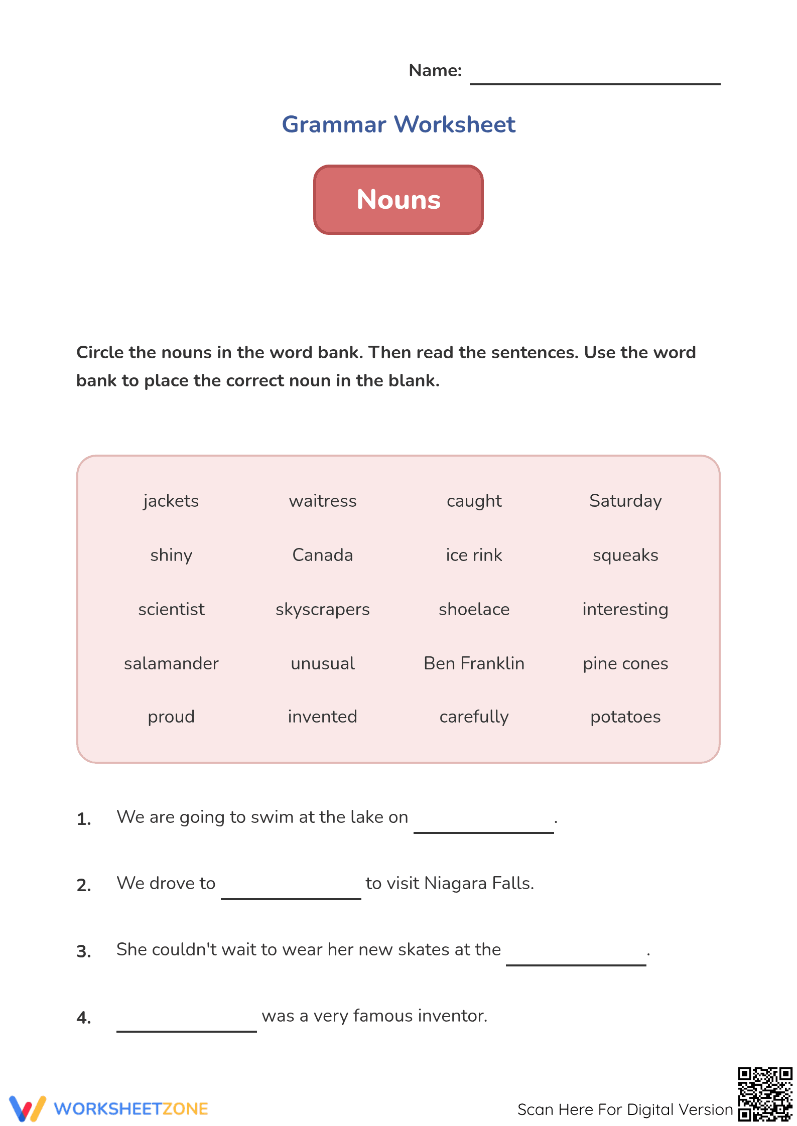 Grade 1 Nouns Worksheet — Printable No-Prep Practice - Page 1