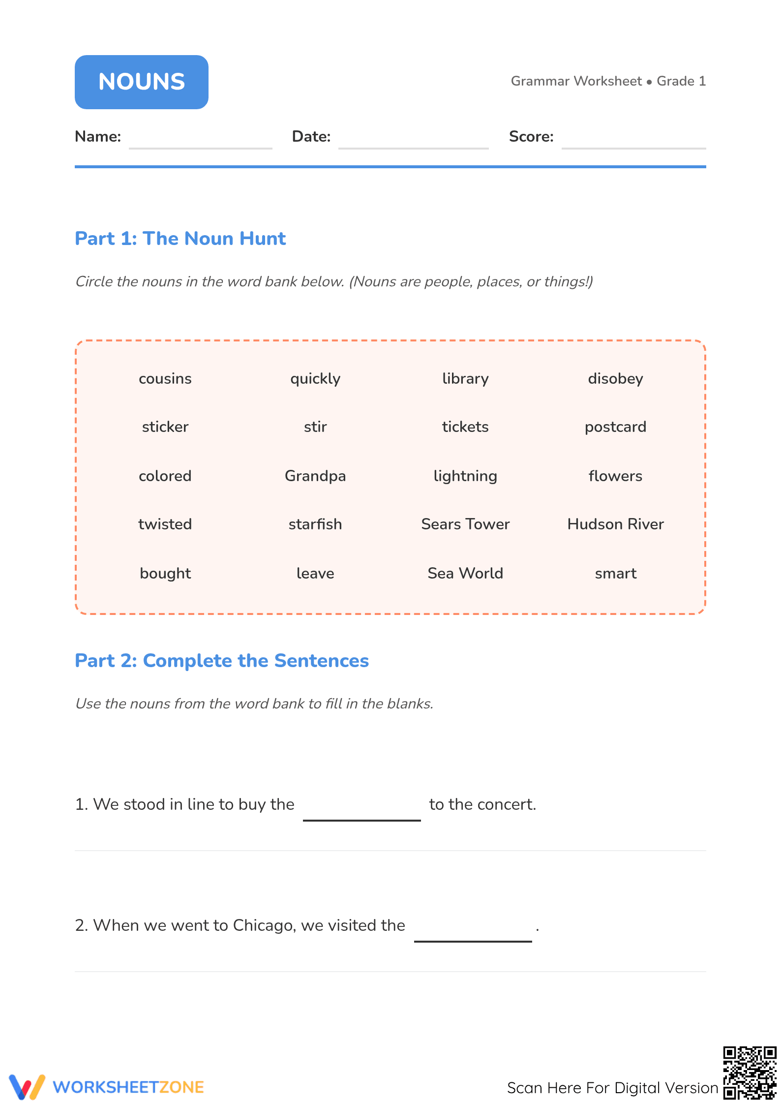 Identifying Nouns Worksheet | Grade 1 ELA Printable - Page 1