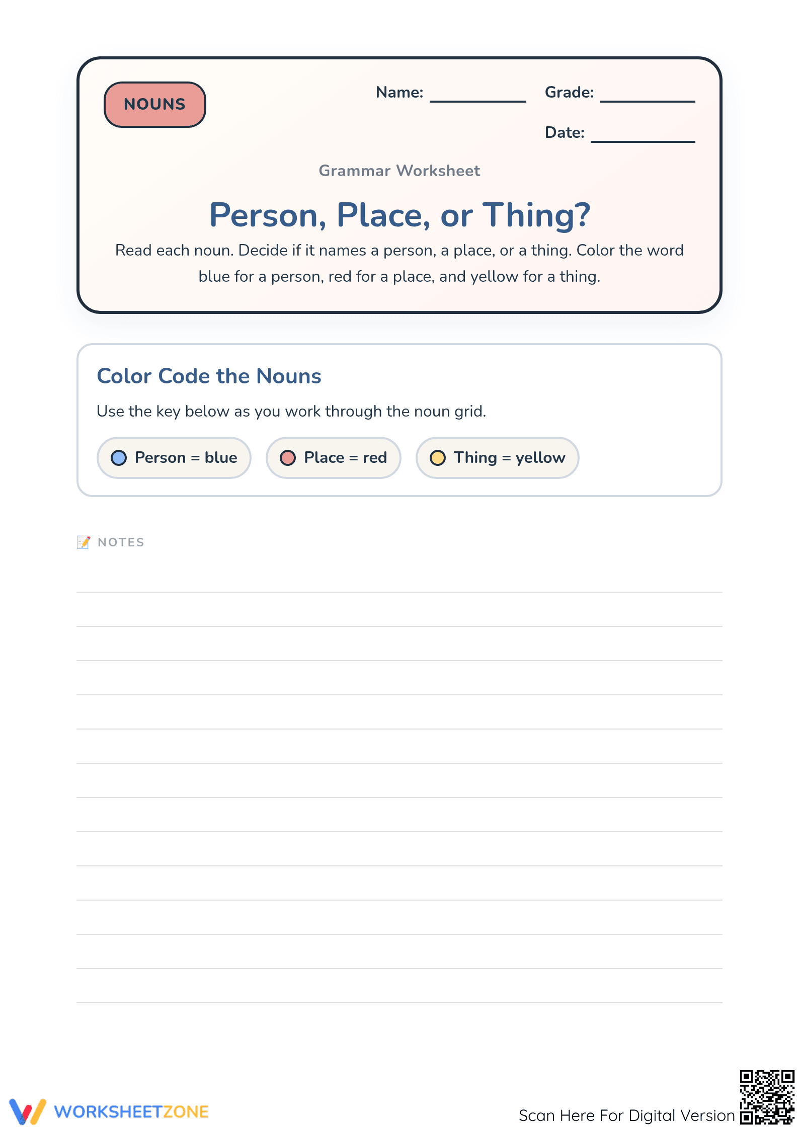 Noun Classification Worksheet | Grade 1-3 Essential - Page 1