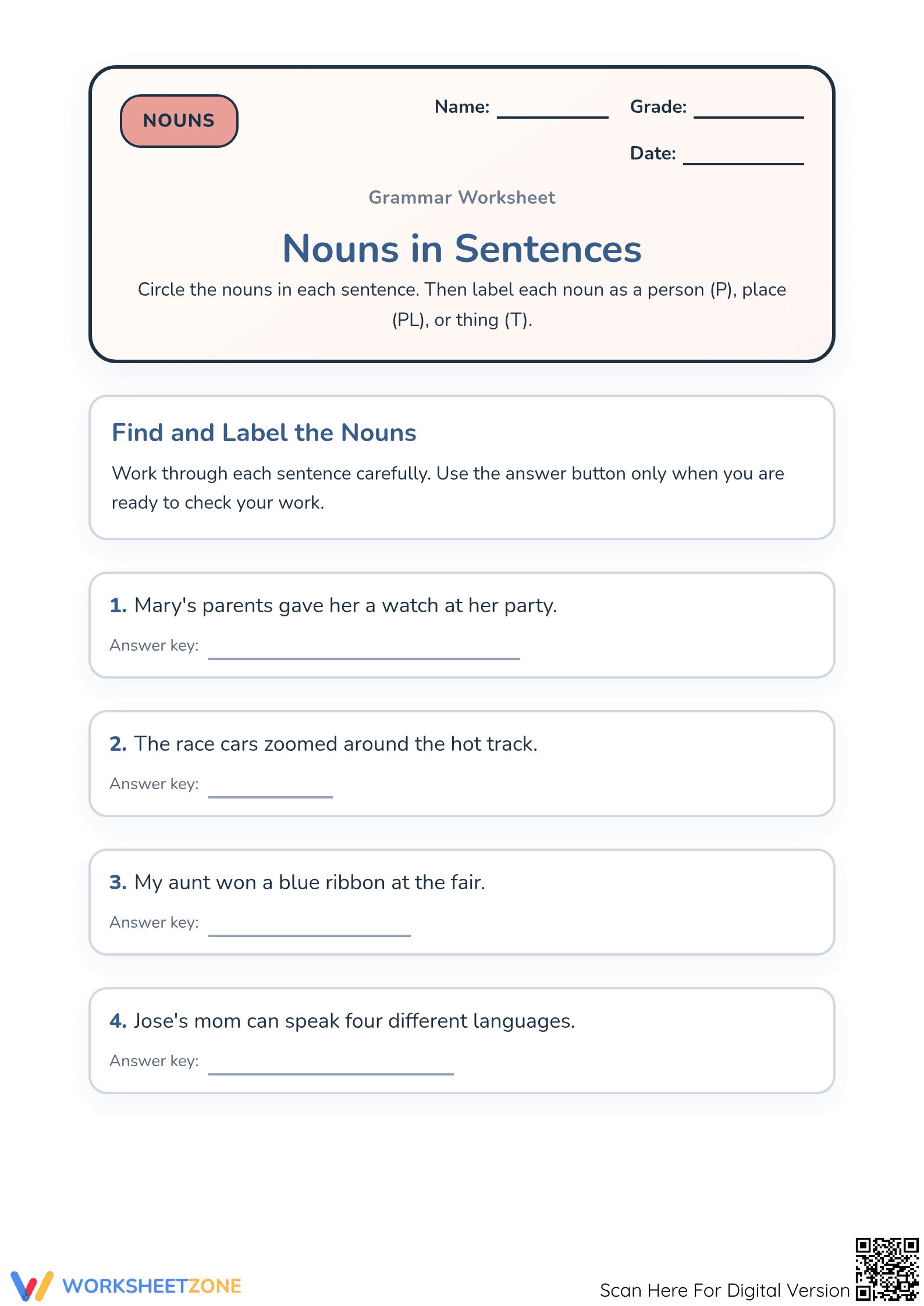Grade 1 Nouns Worksheet: Person, Place, or Thing | Essential - Page 1