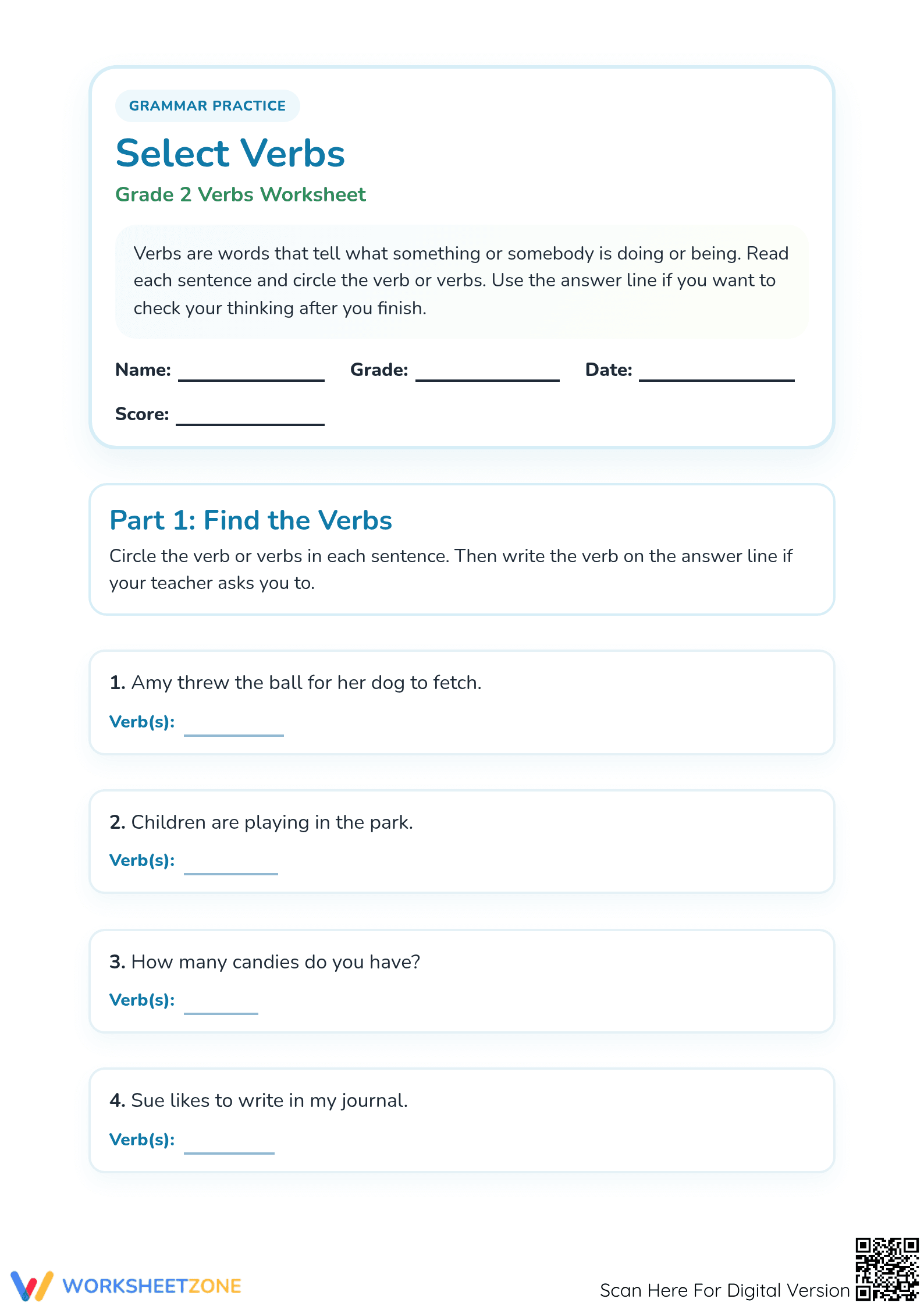 Grade 2 Verb Identification — Printable No-Prep Worksheet - Page 1