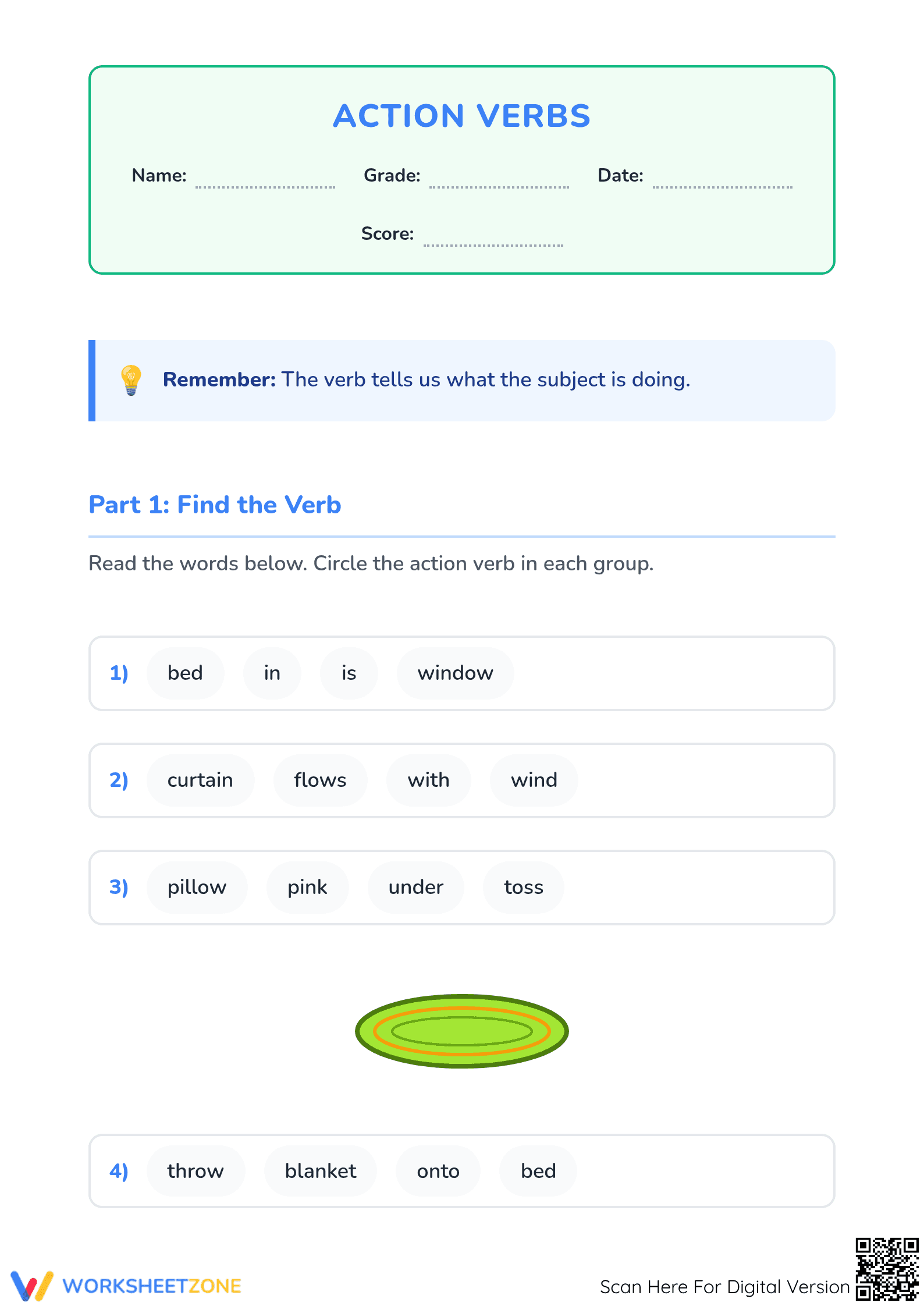 Action Verbs Worksheet | Grade 2-3 Essential Printable - Page 1