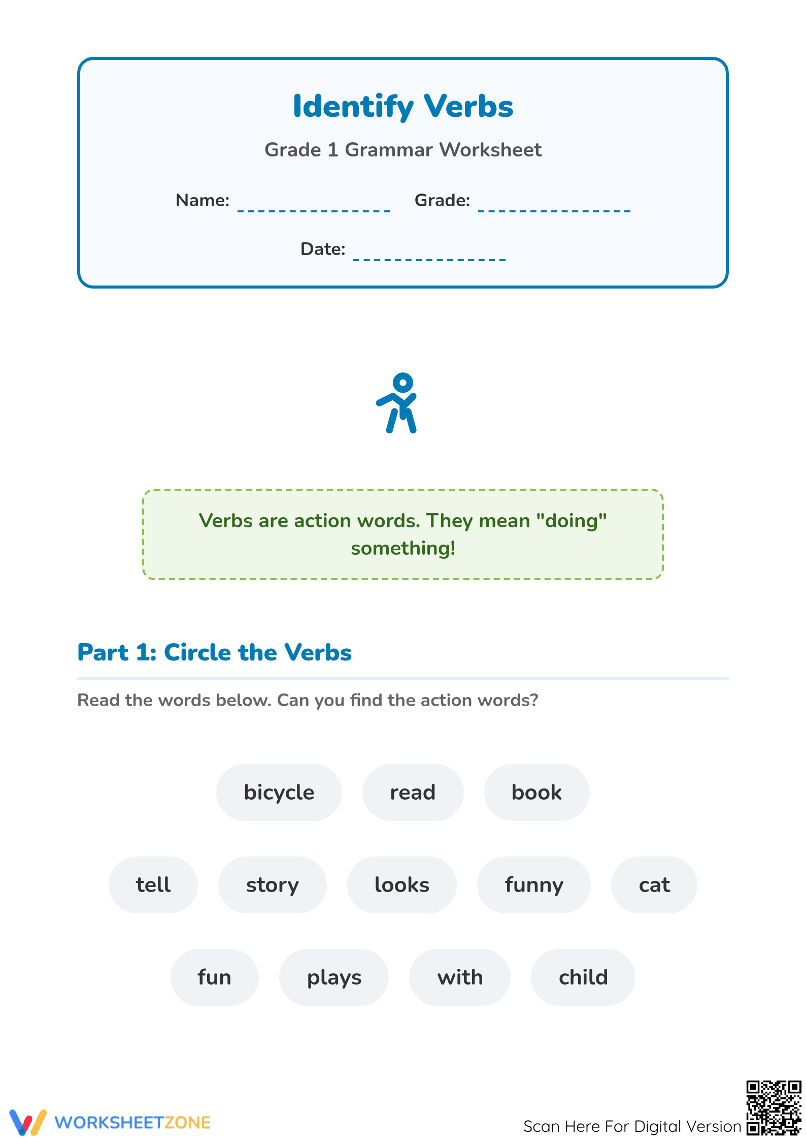 Identify Verbs Worksheet | Grade 1 Essential ELA - Page 1