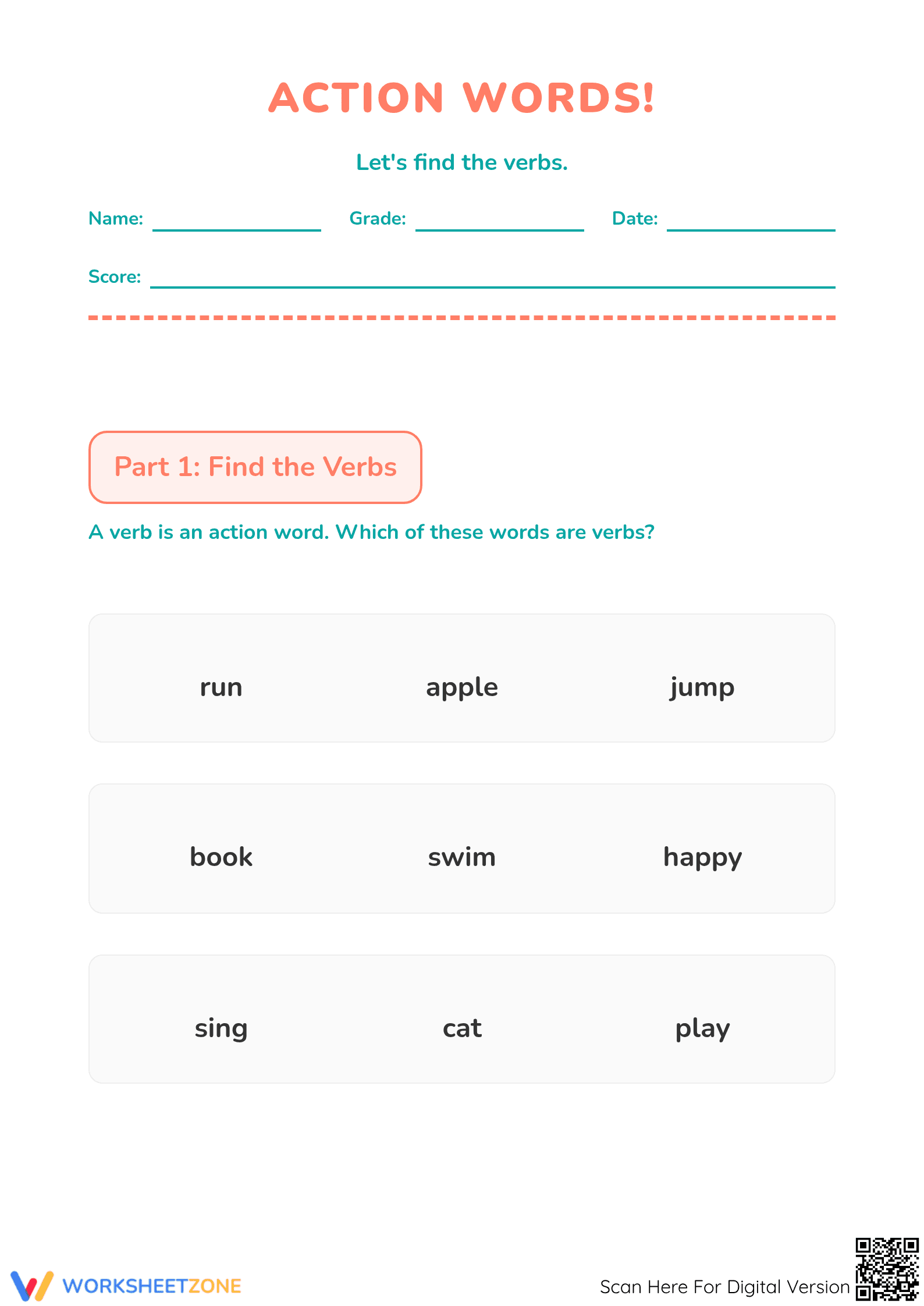 Action Verbs Printable Worksheet | Grade 1 ELA - Page 1