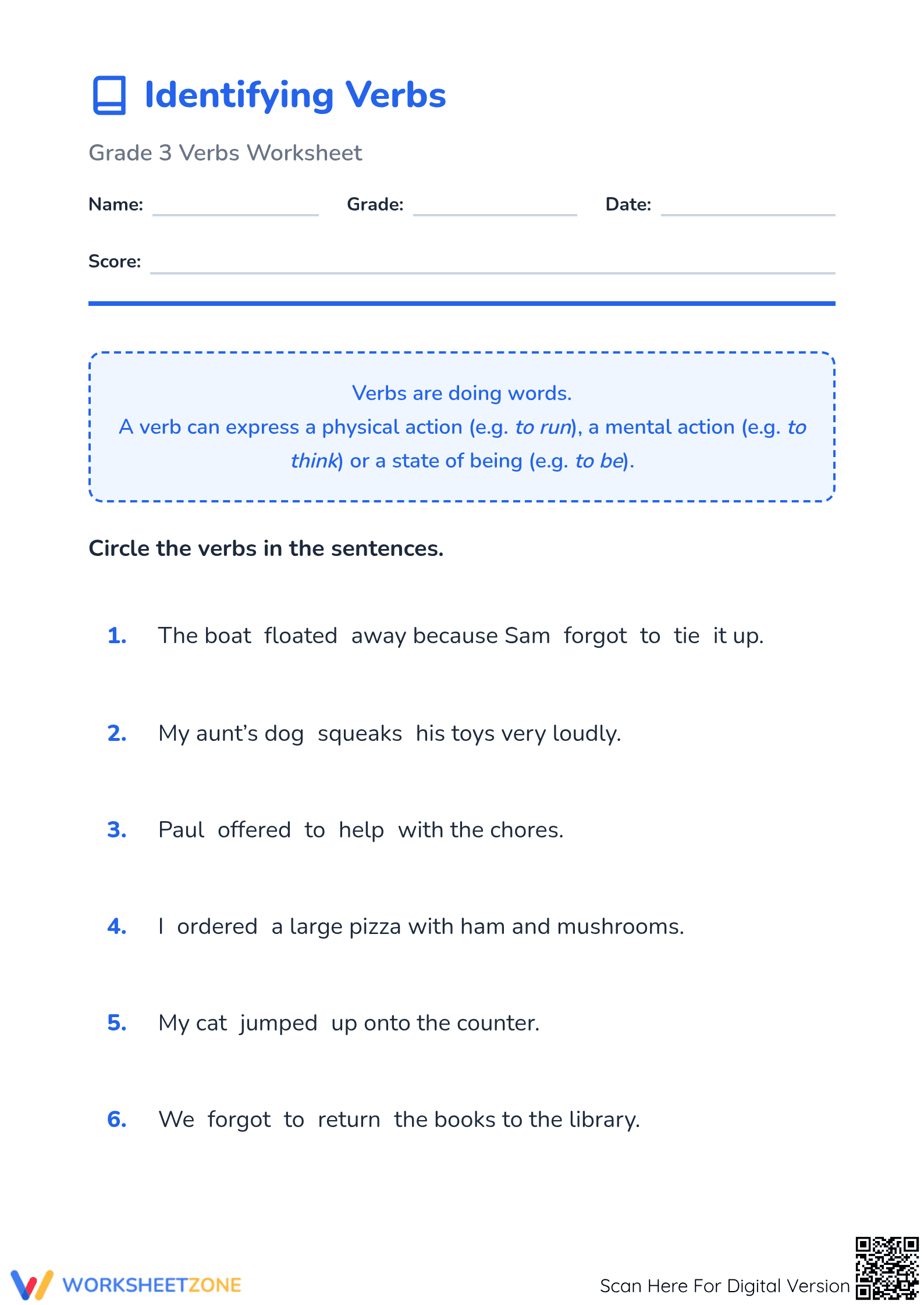 Identifying Verbs Worksheet | Grade 3 Essential - Page 1