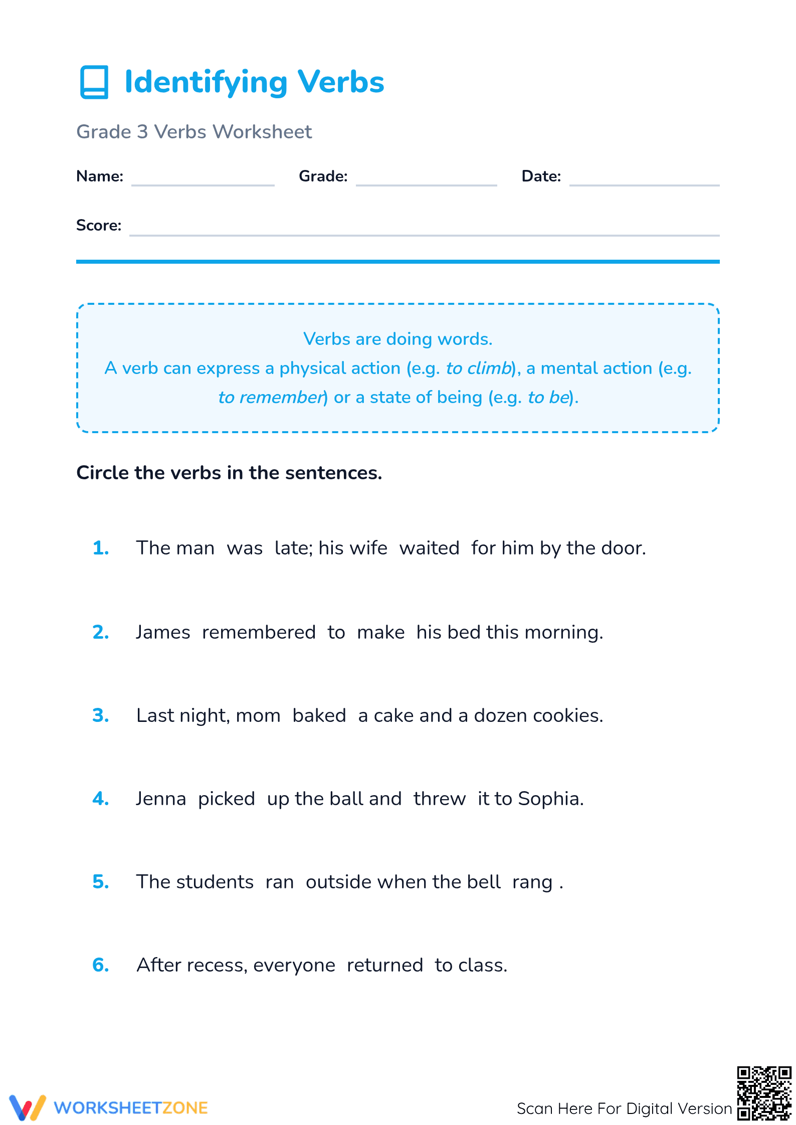 Identifying Verbs Worksheet | Grade 3 Essential - Page 1