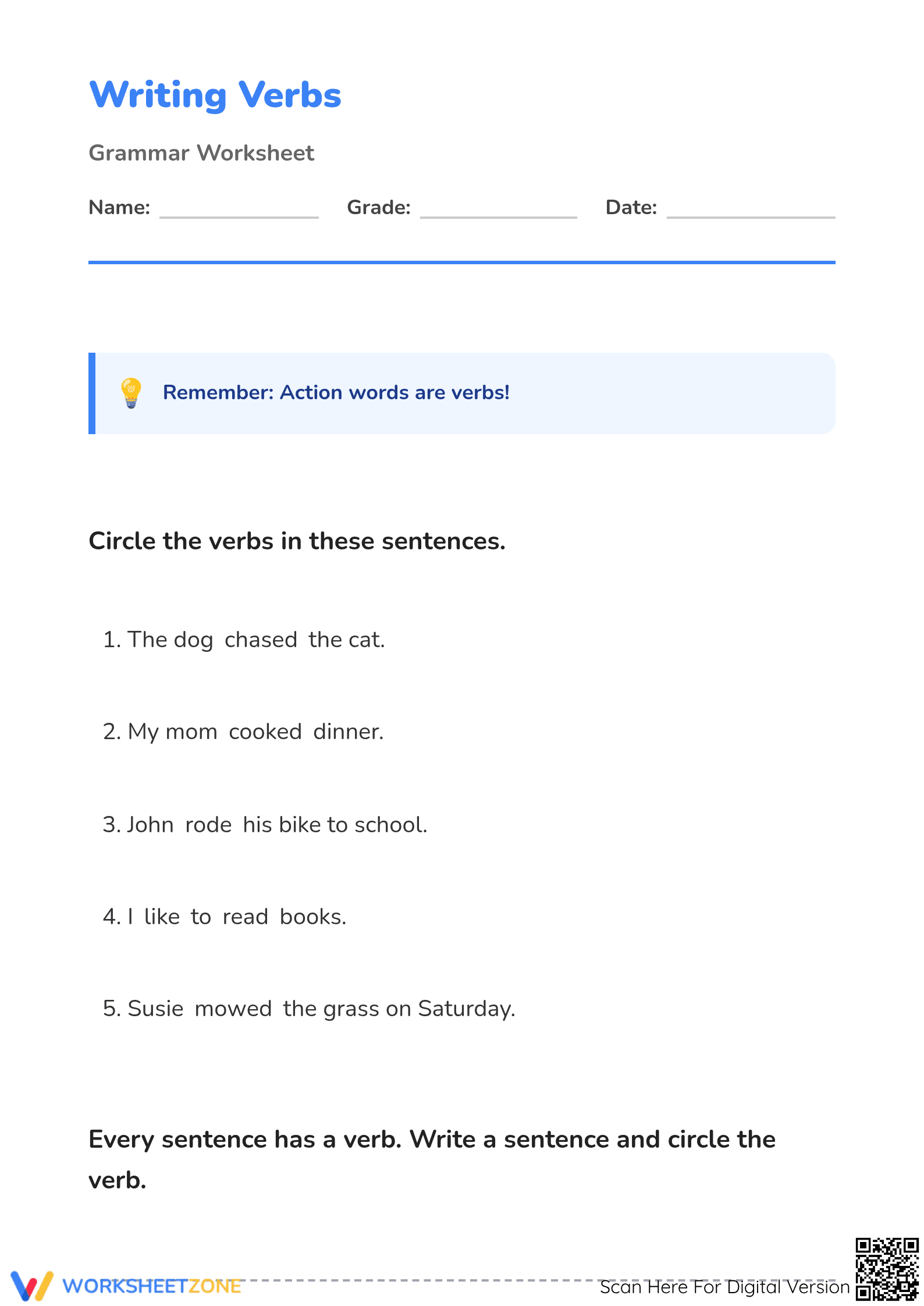 Writing Verbs Worksheet | Grade 1-2 Essential - Page 1