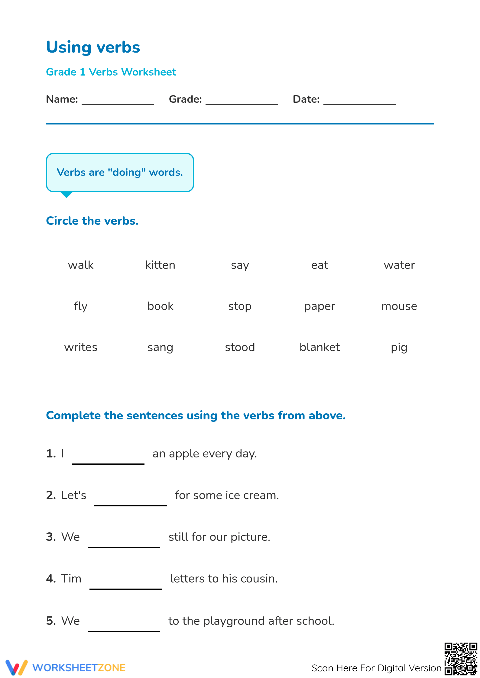 Grade 1 Verbs — Printable No-Prep Worksheet - Page 1