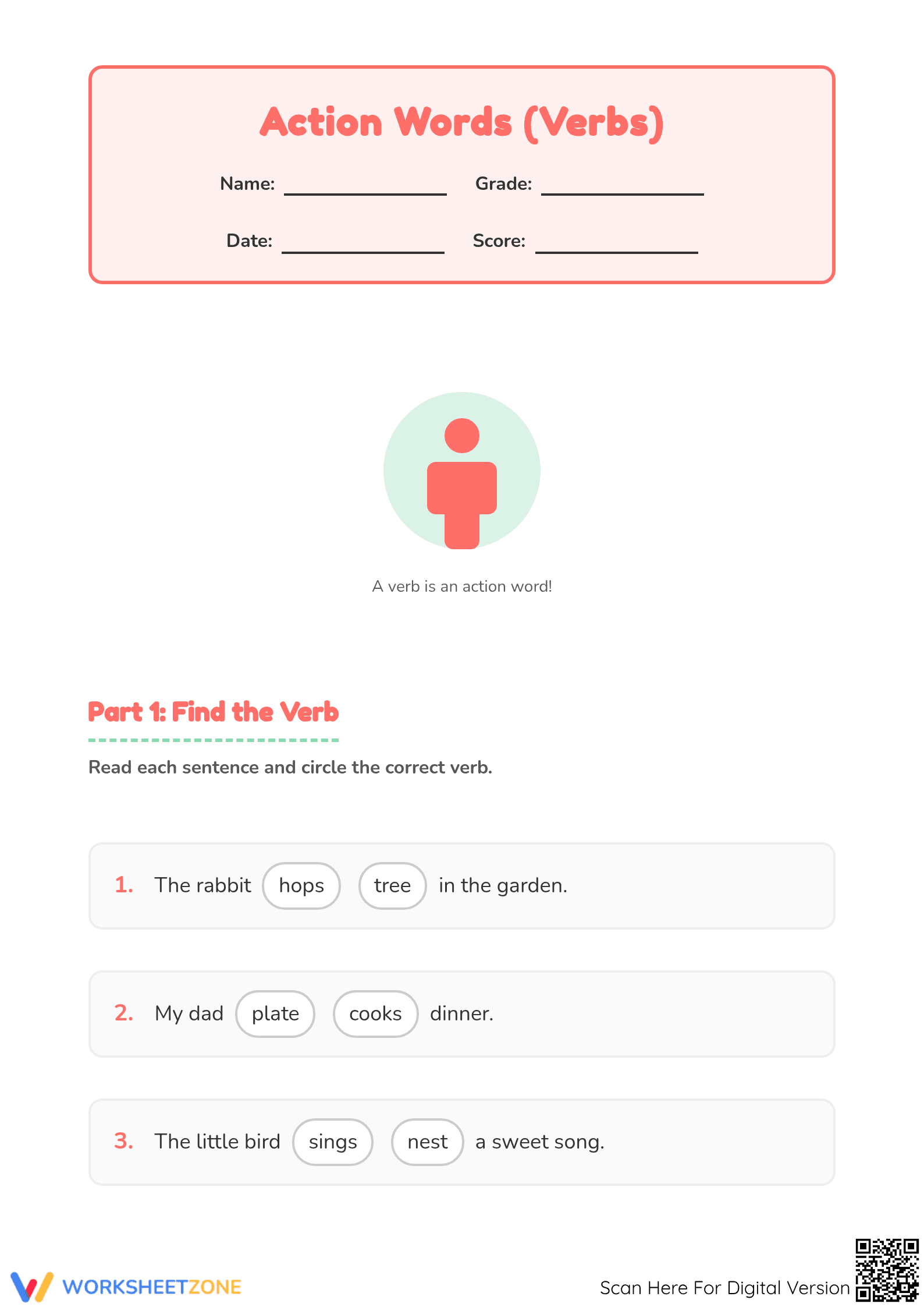 Grade 1 Action Verbs — Printable No-Prep Worksheet - Page 1