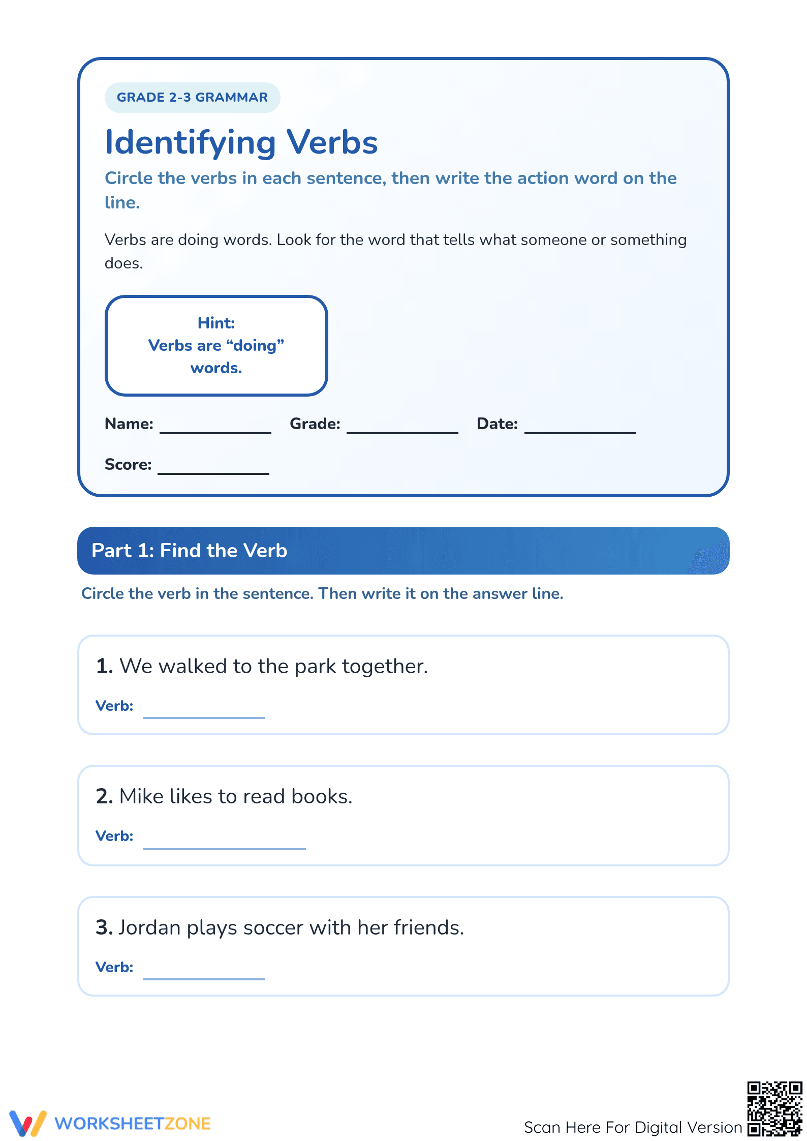 Identifying Action Verbs Worksheet | Grade 2-3 Essential - Page 1