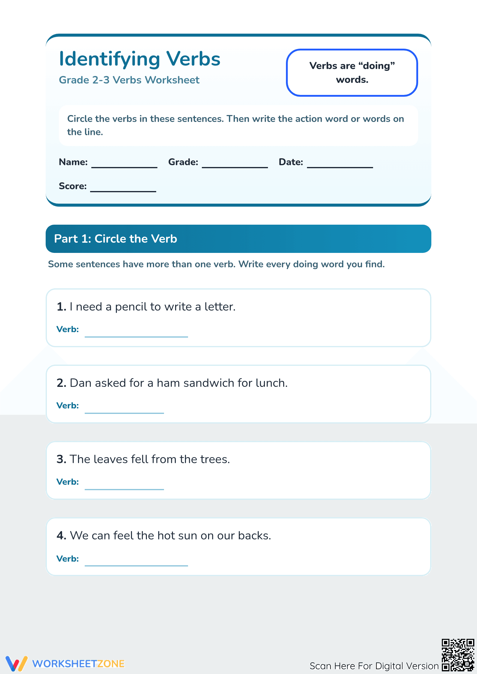 Grade 2 Identifying Verbs — Printable No-Prep Worksheet - Page 1