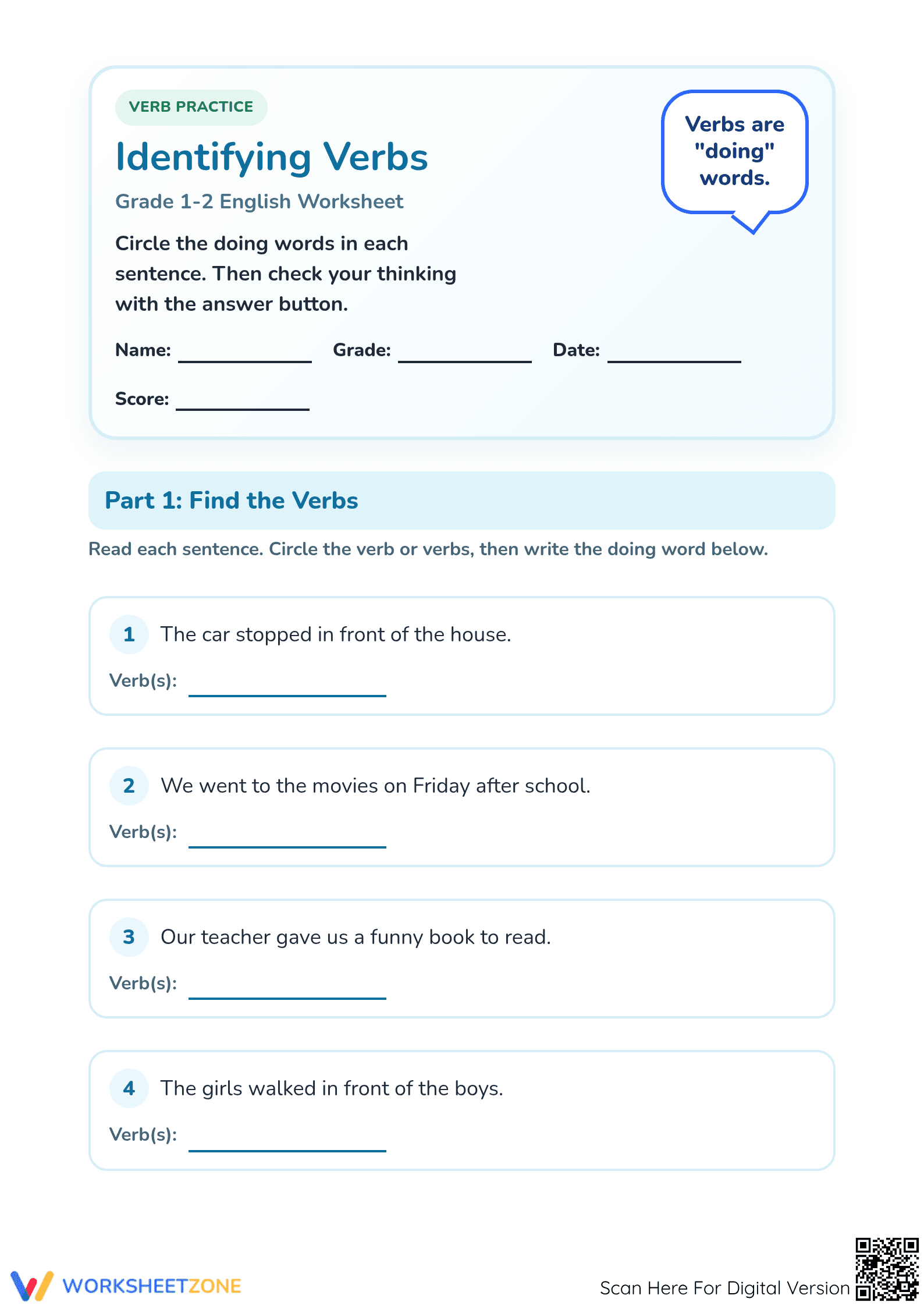 Identifying Verbs Printable Worksheet | Grade 1-2 ELA - Page 1