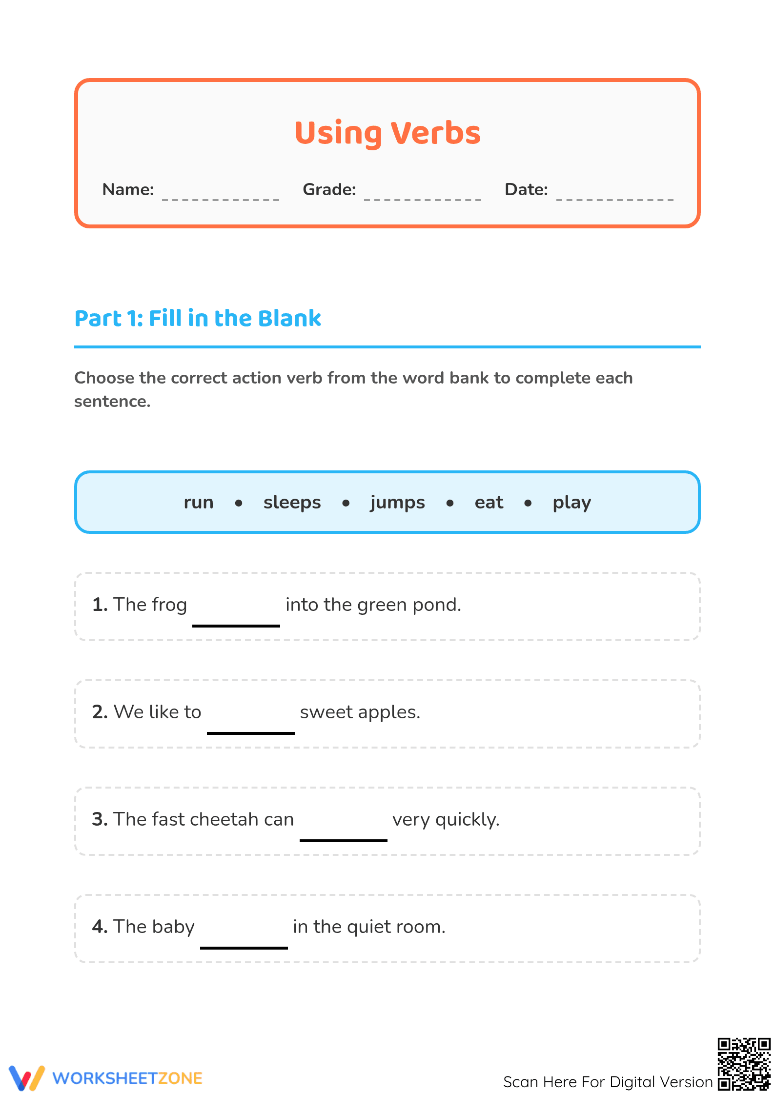 Essential Grade 1 Verbs Worksheet | Printable Practice - Page 1