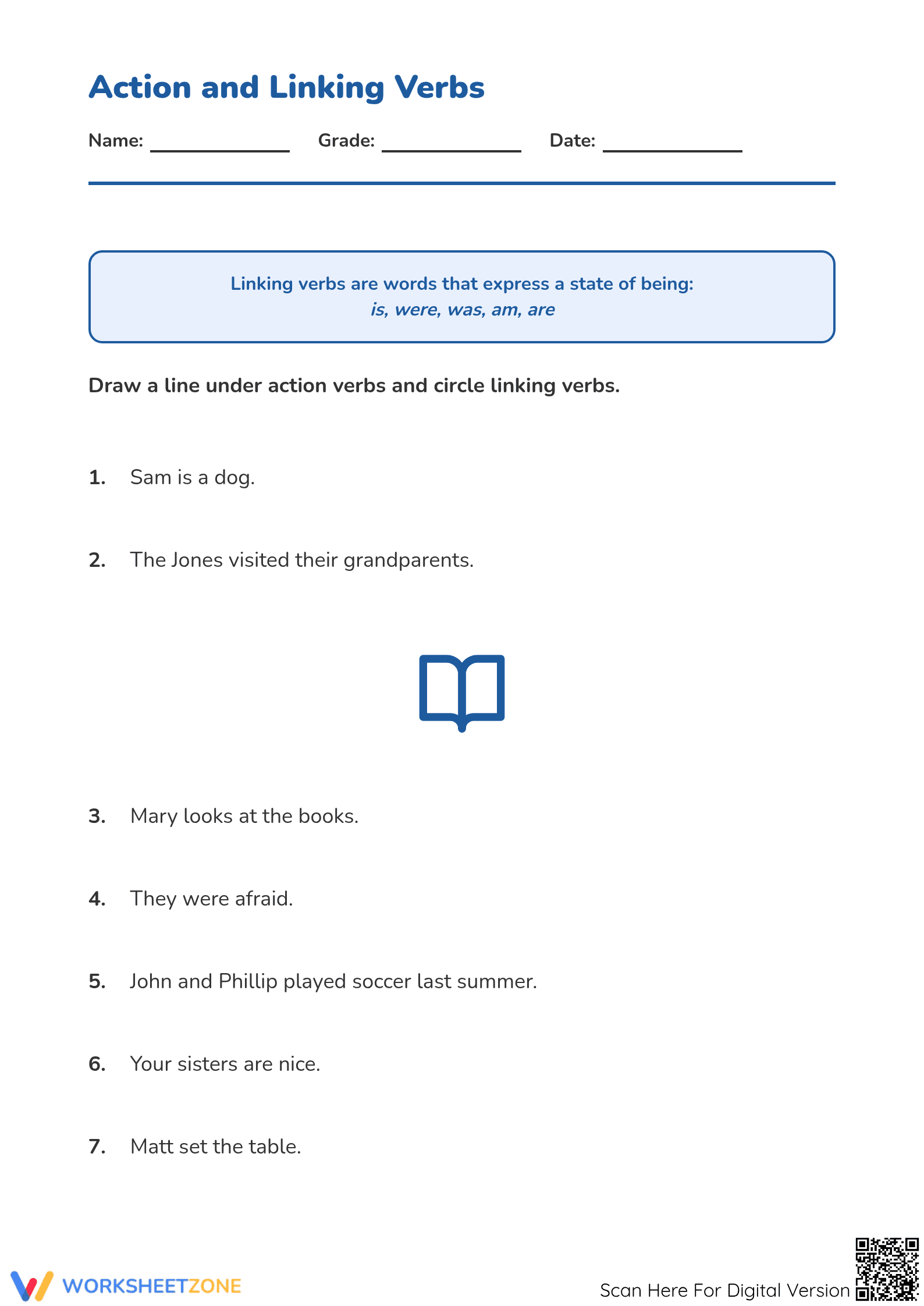 Grade 3 Action and Linking Verbs — Printable Worksheet - Page 1