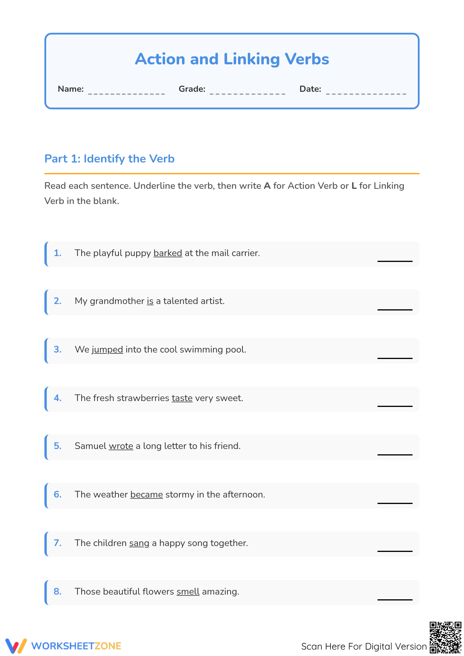 Action and Linking Verbs Worksheet | Grade 3 Essential - Page 1