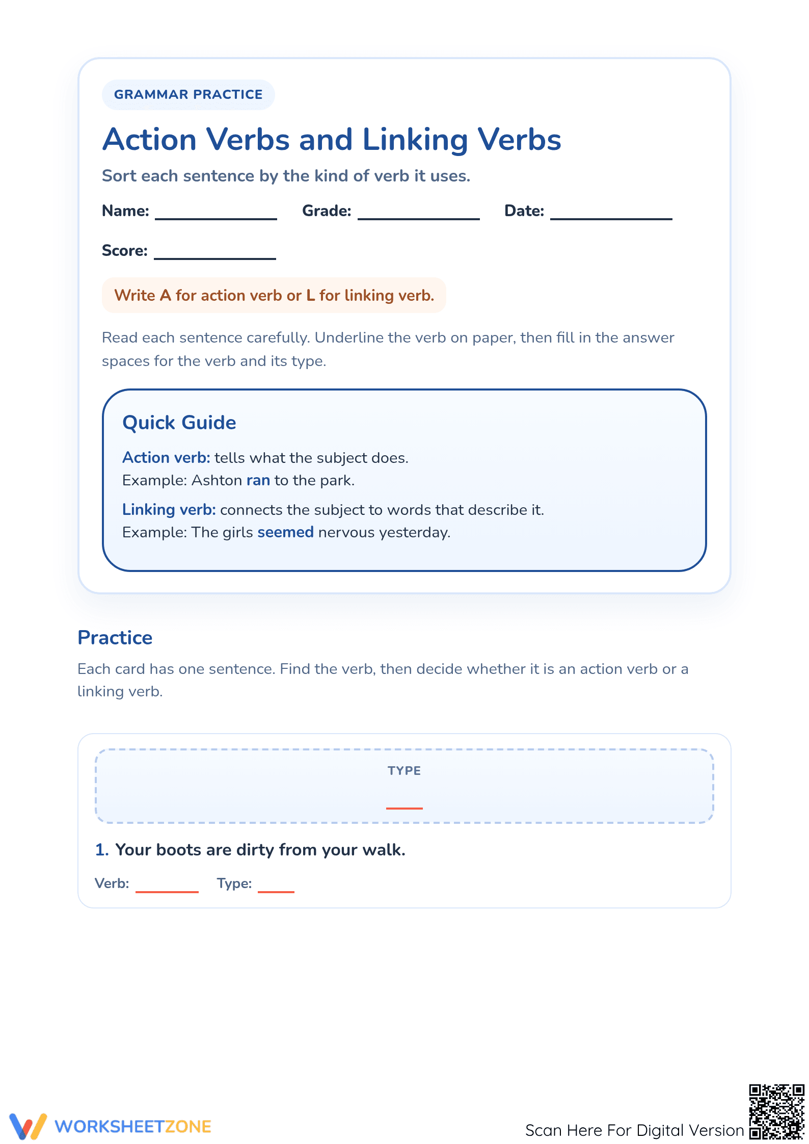 Action and Linking Verbs Worksheet | Essential Grade 3 - Page 1