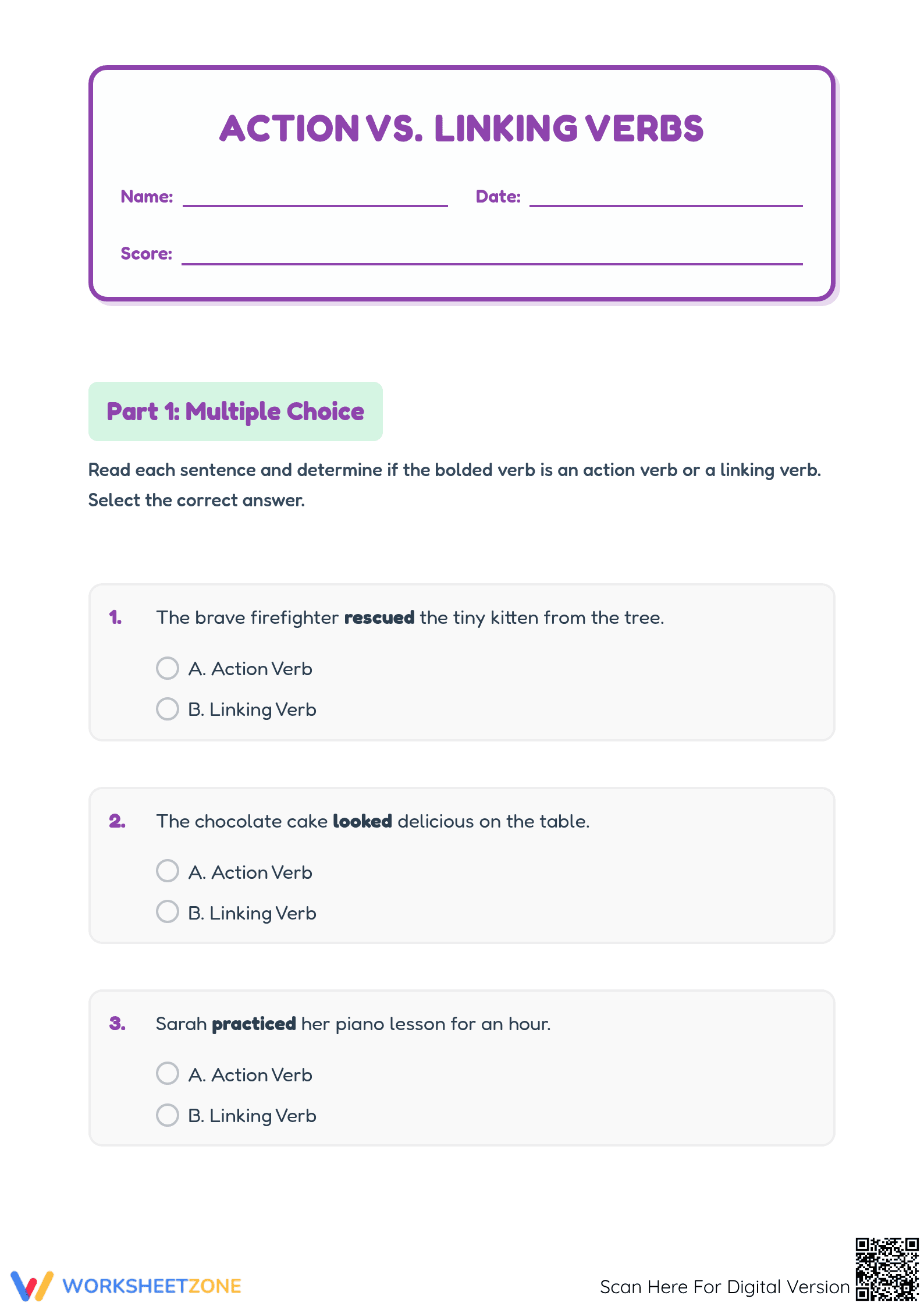 Action vs. Linking Verbs Worksheet | Grade 3 Essential - Page 1