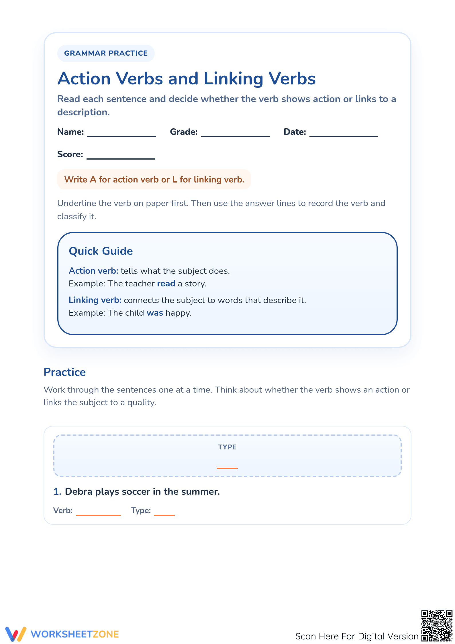 Action and Linking Verbs Worksheet | Grade 3 Printable - Page 1