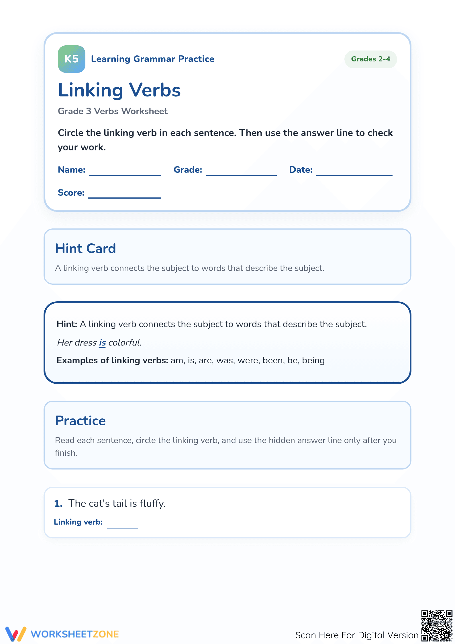 Linking Verbs Practice Worksheet | Grade 3 Essential - Page 1