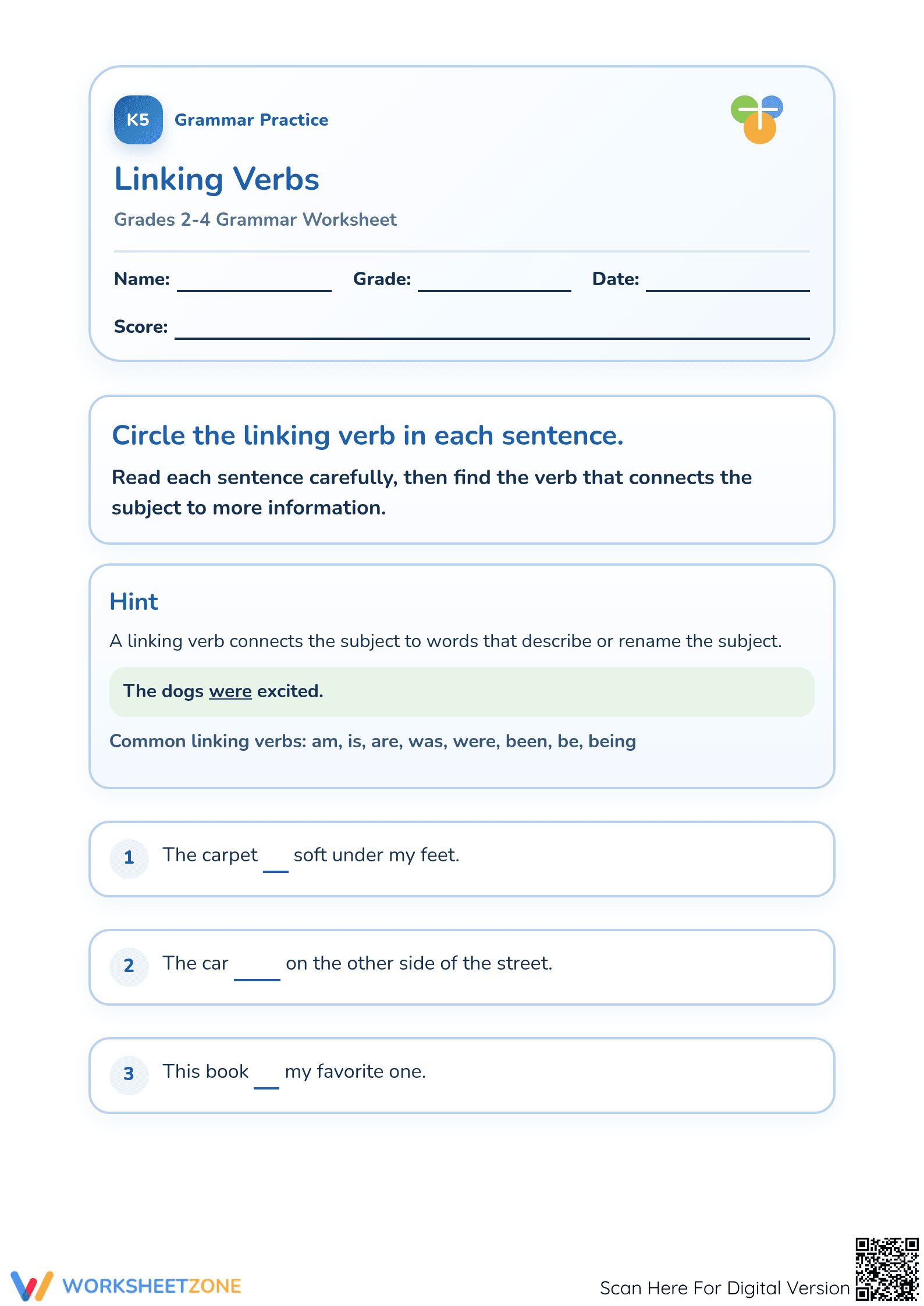 Linking Verbs Worksheet | Grade 3 Essential Practice - Page 1