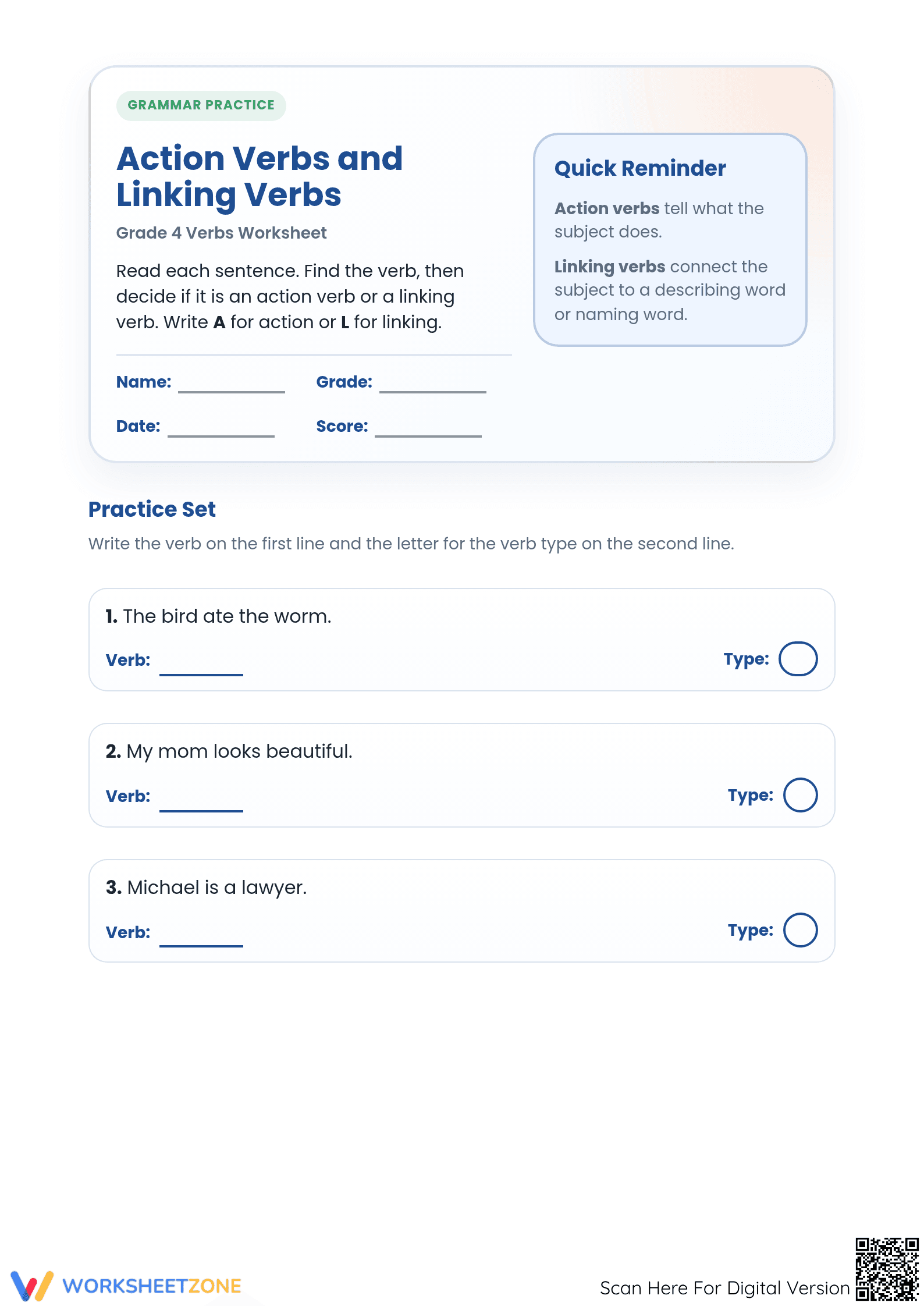 Action and Linking Verbs Worksheet | Grade 4 Essential - Page 1