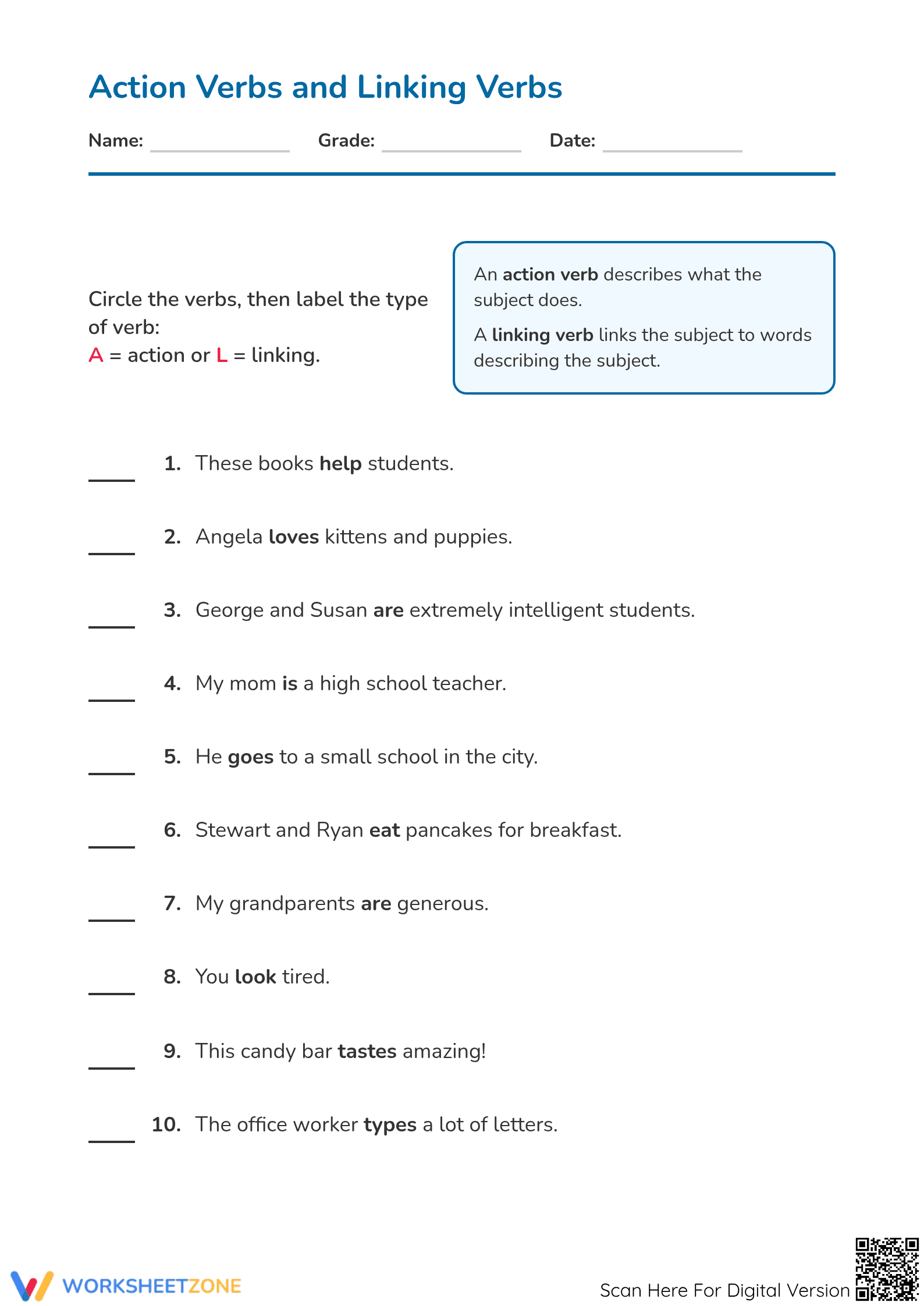 Action and Linking Verbs Worksheet | Grade 3 Essential - Page 1