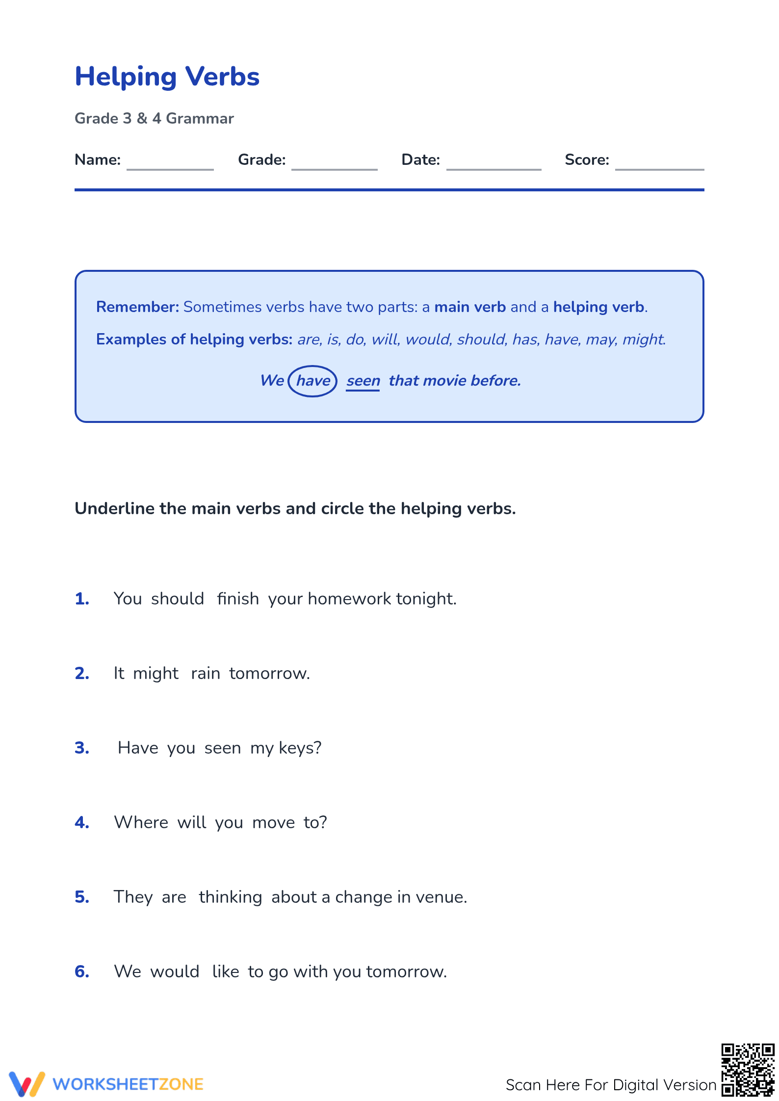 Helping Verbs Practice | Grade 3-4 Essential Worksheet - Page 1