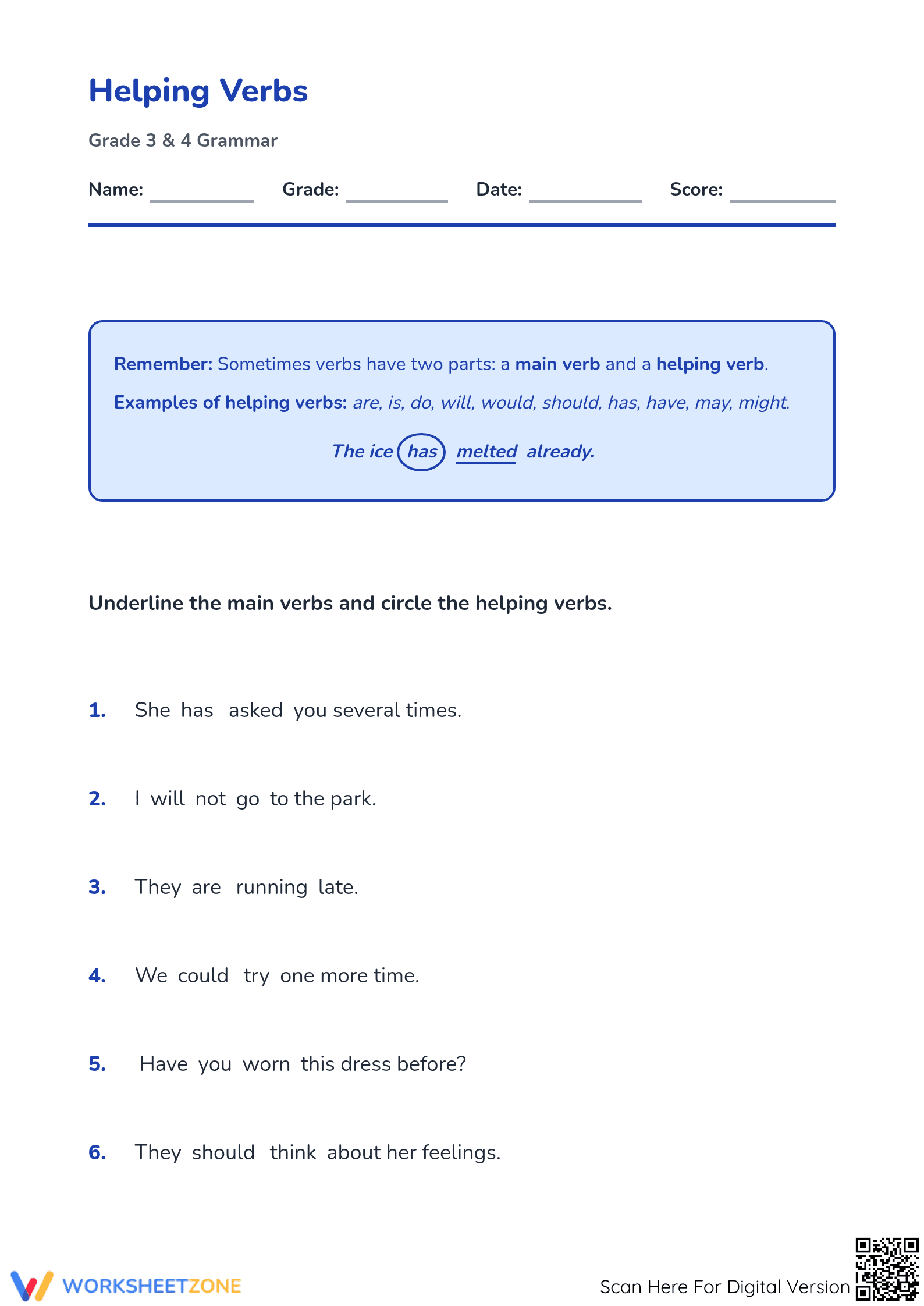 Helping Verbs Worksheet | Grade 3-4 Essential Practice - Page 1