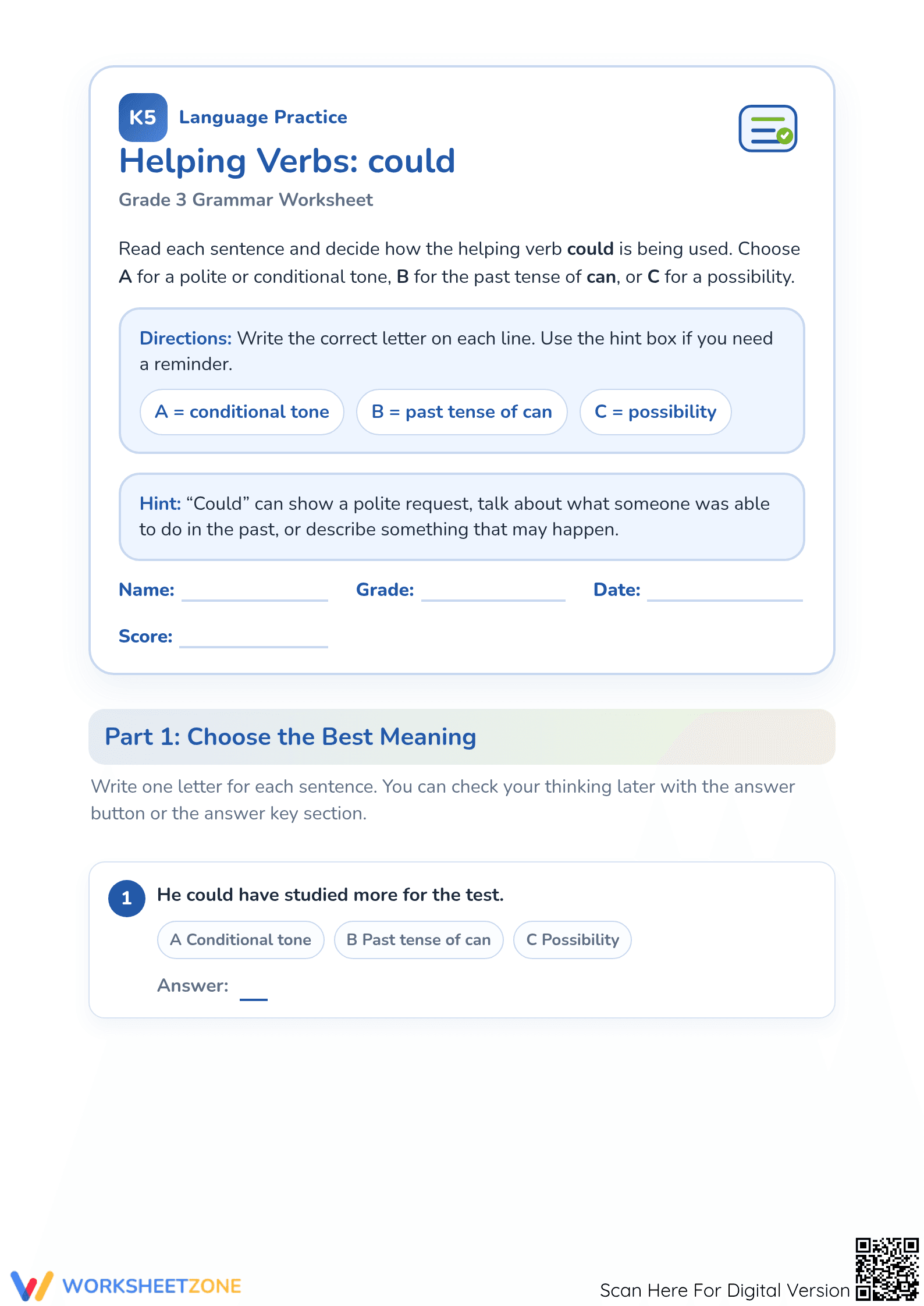 Helping Verbs: Could Worksheet | Grade 3 Essential - Page 1