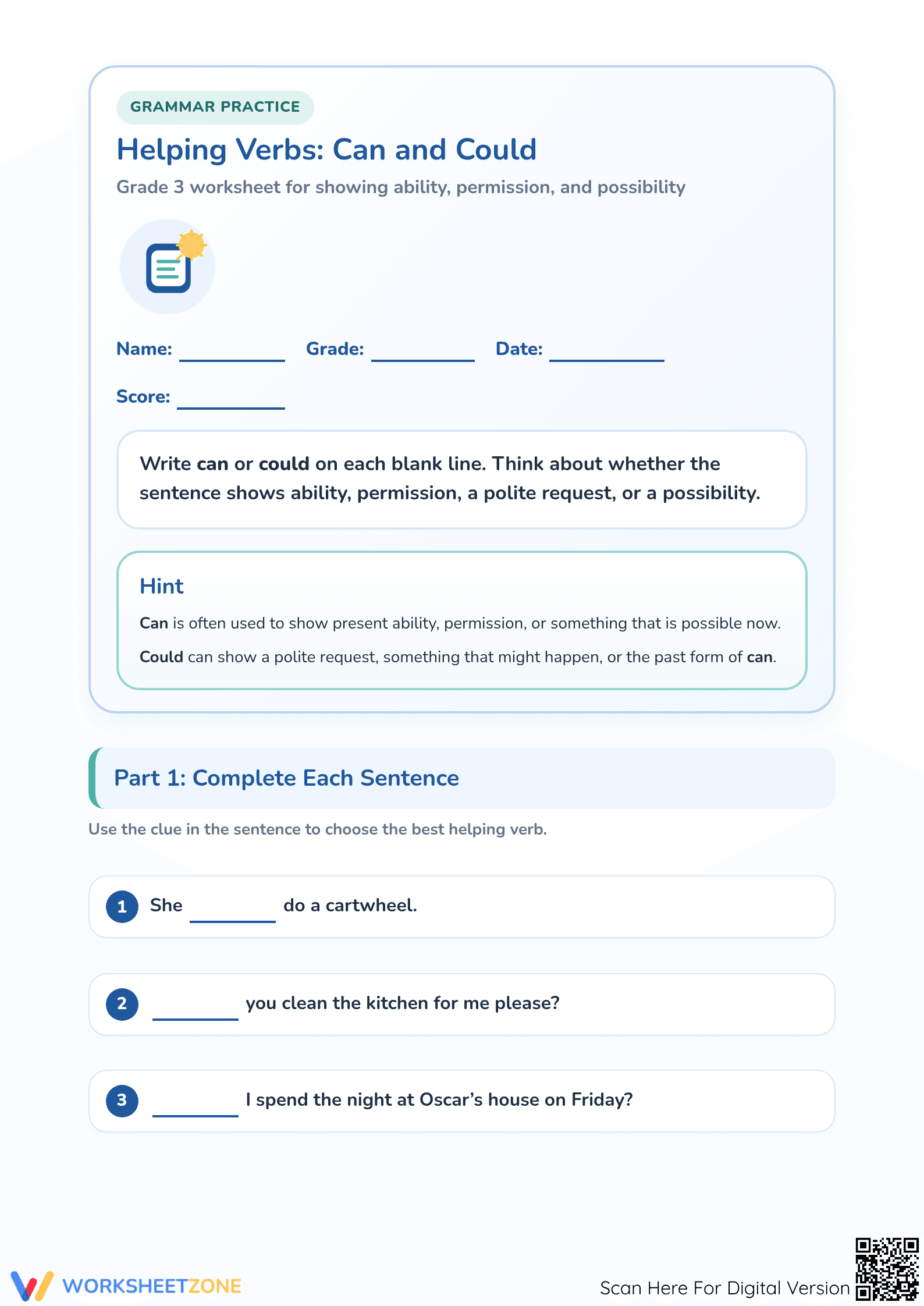 Helping Verbs Can and Could Worksheet | Grade 3 Printable - Page 1