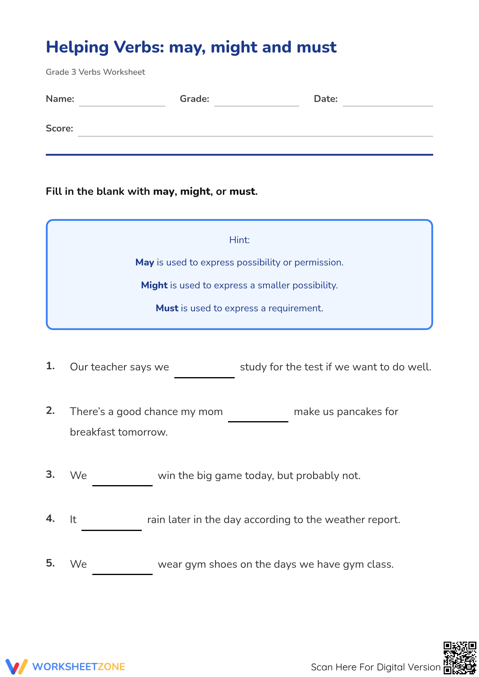 Grade 3 Helping Verbs — Printable No-Prep Worksheet - Page 1