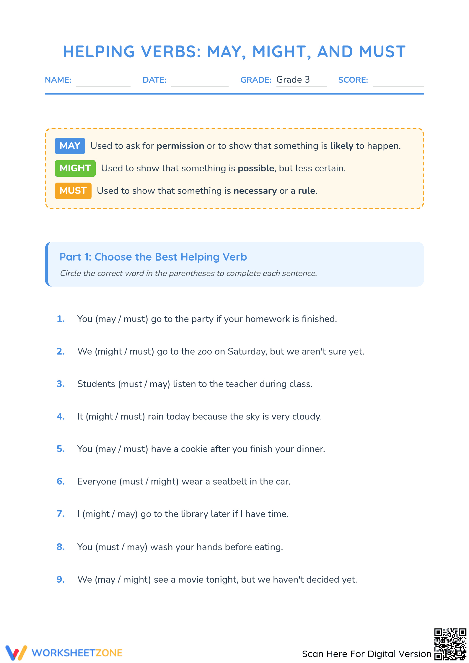 Helping Verbs Worksheet: May, Might, Must | Essential - Page 1