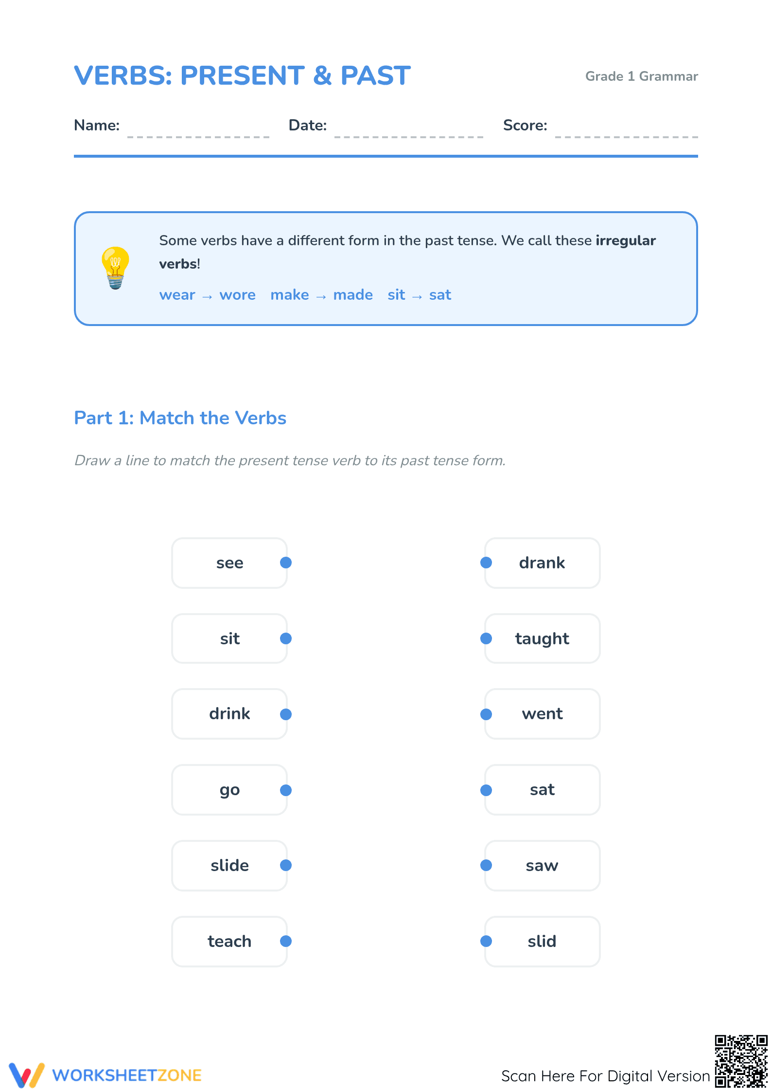 Irregular Past Tense Verbs Printable | Grade 1 ELA - Page 1