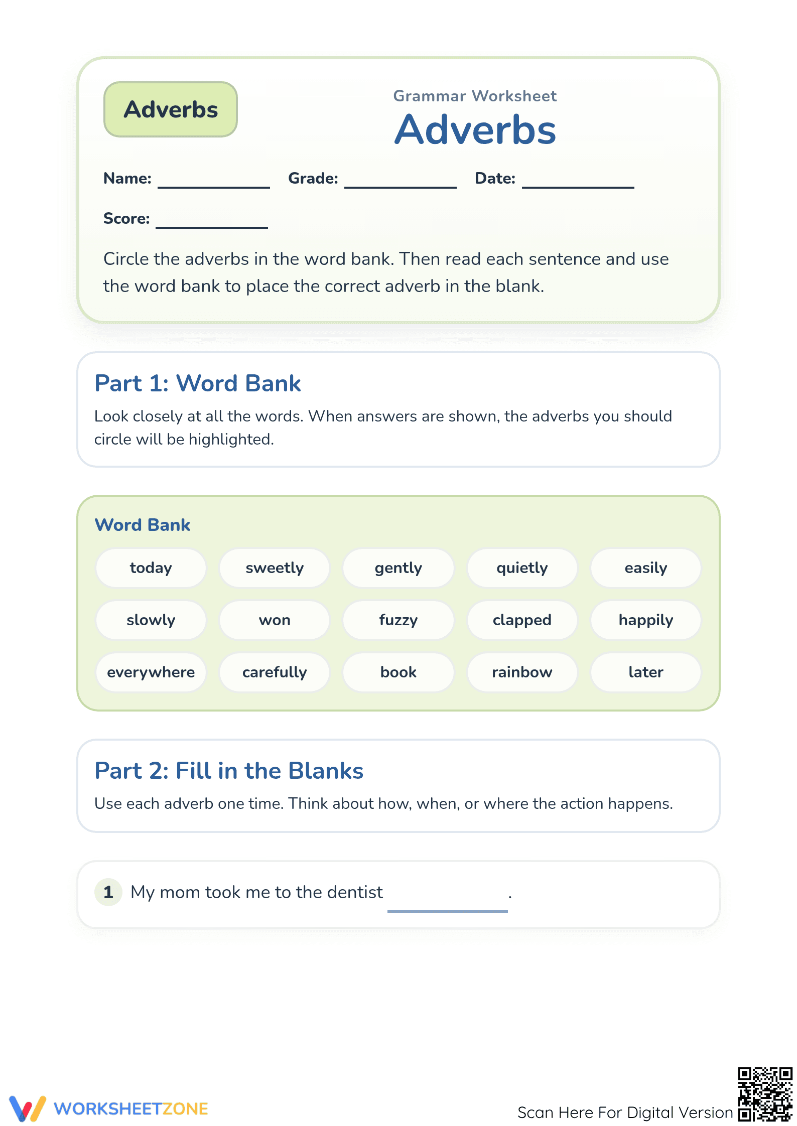 Adverbs Practice Worksheet | Grade 1 Essential - Page 1
