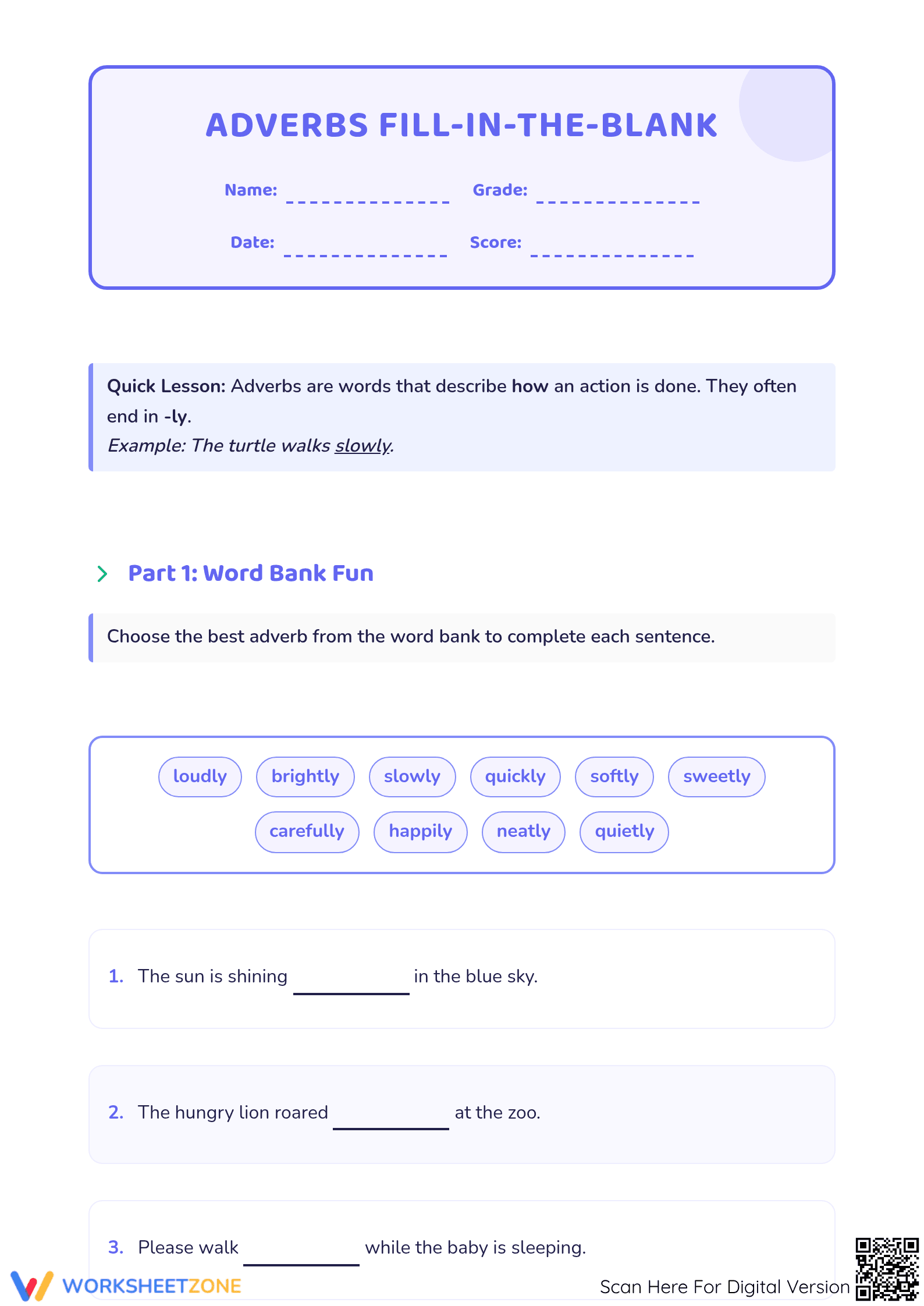 Adverbs Fill-in-the-Blank Worksheet | Grade 2 Essential - Page 1
