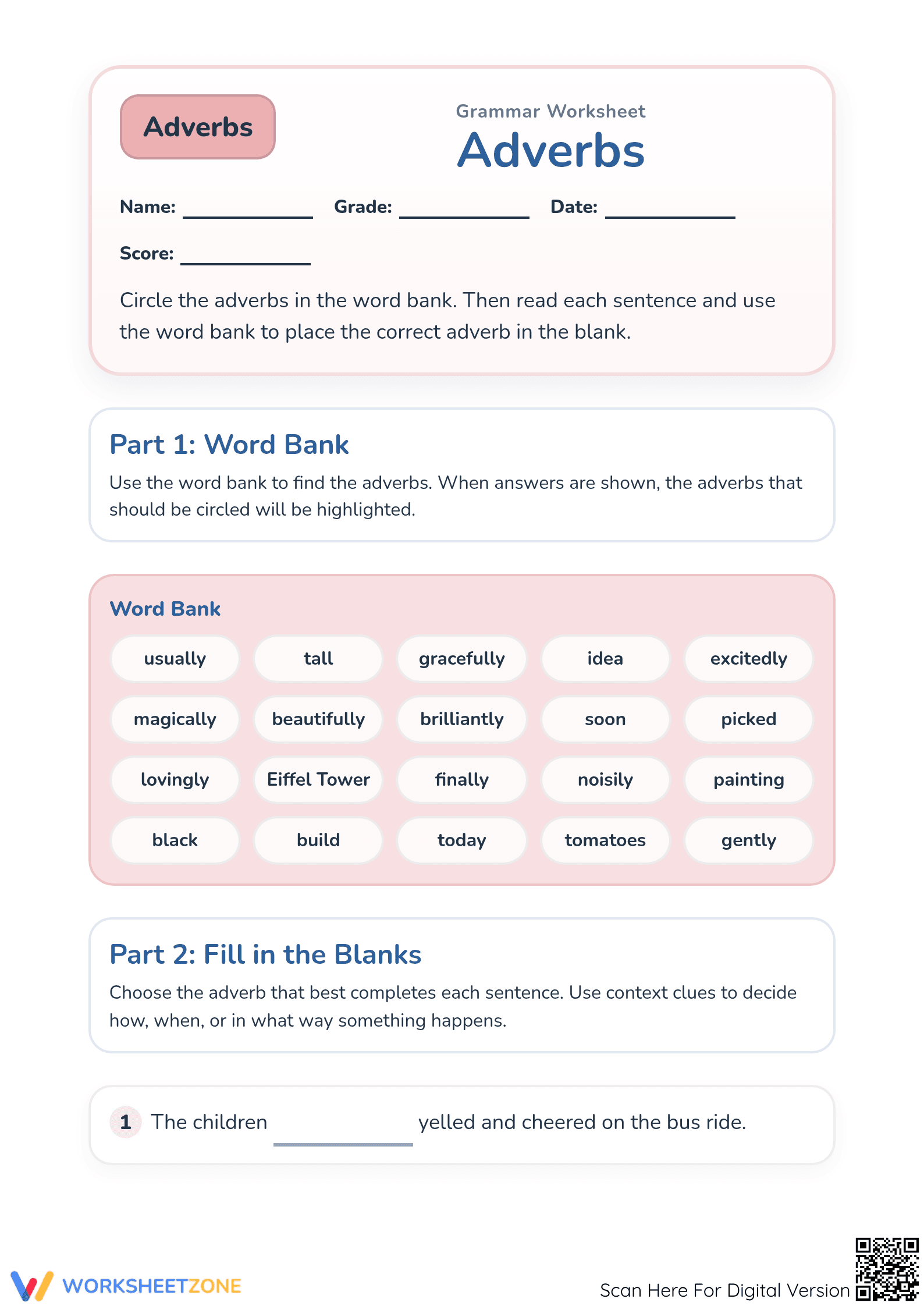Grade 1 Adverbs Worksheet | Essential Printable Practice - Page 1