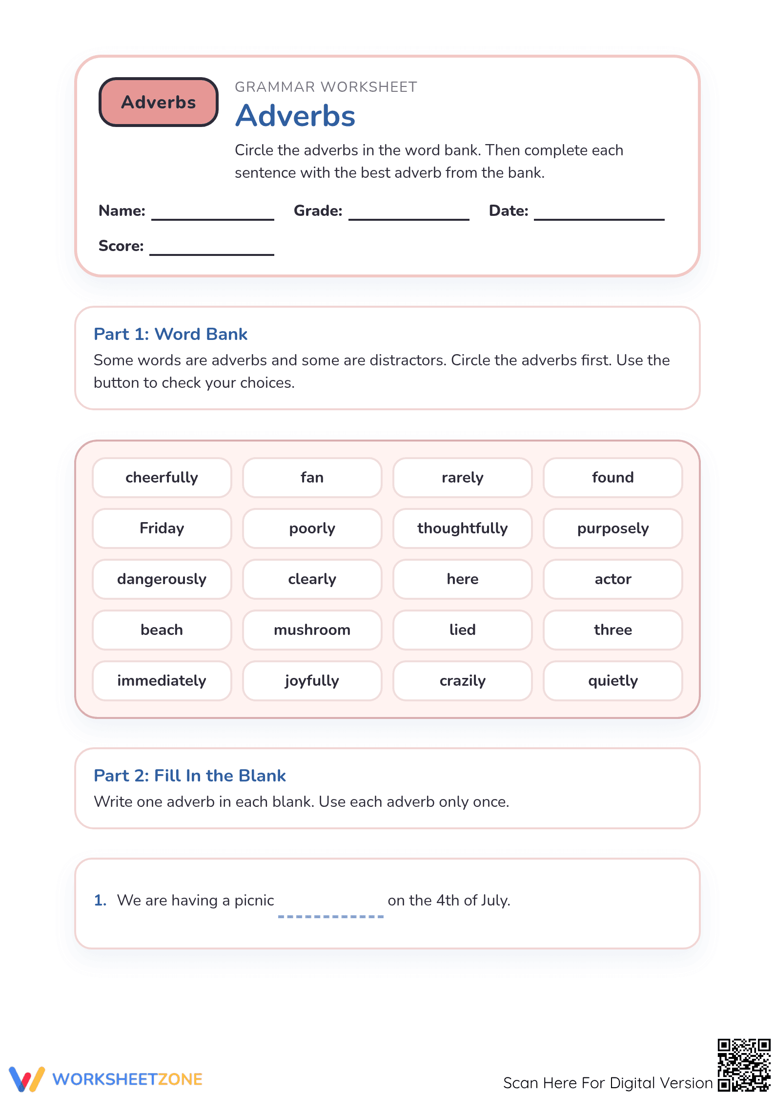 Essential Adverbs Practice Worksheet | Grade 1 ELA - Page 1
