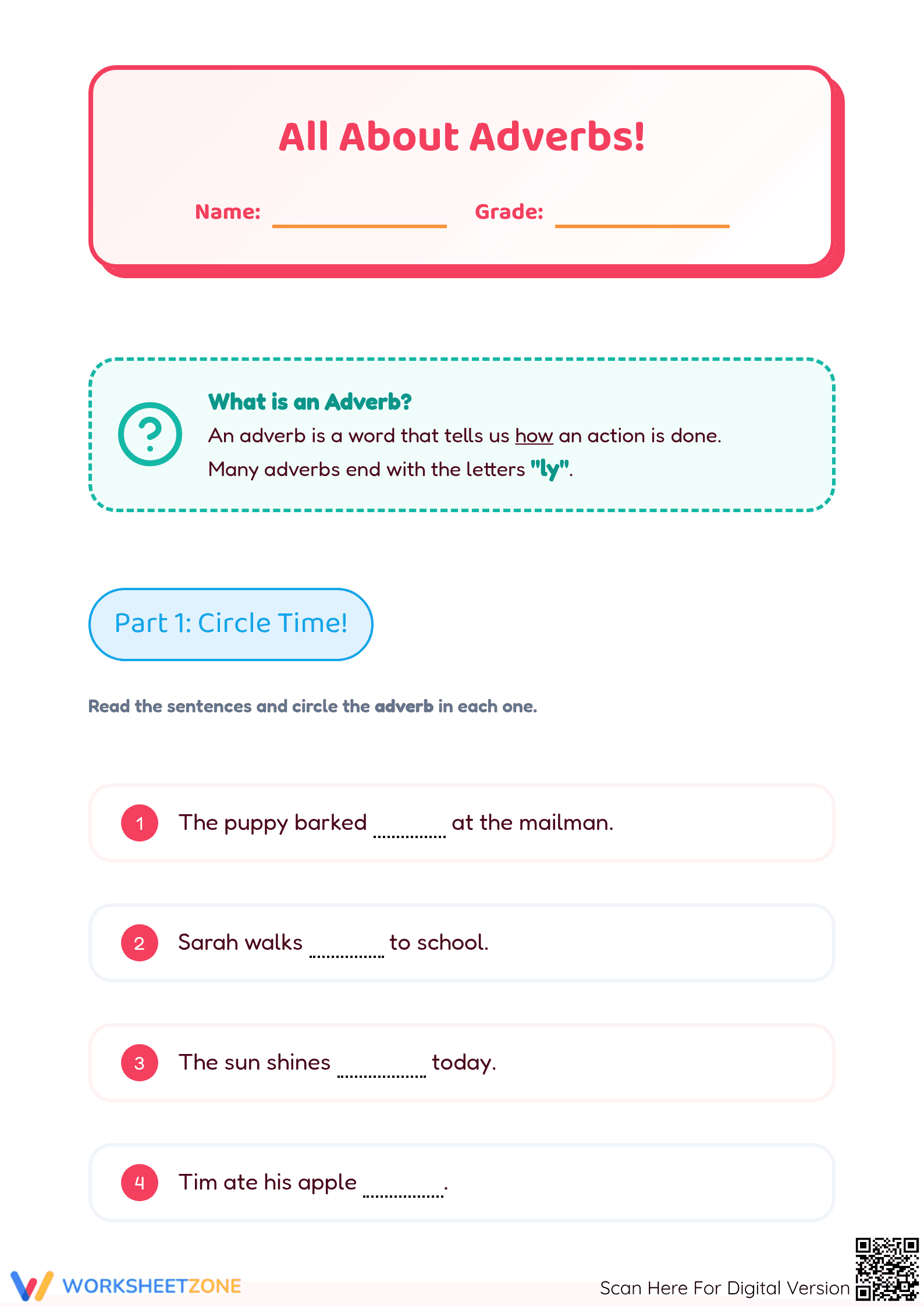 Essential Adverbs Worksheet | Grade 1 ELA Printable - Page 1
