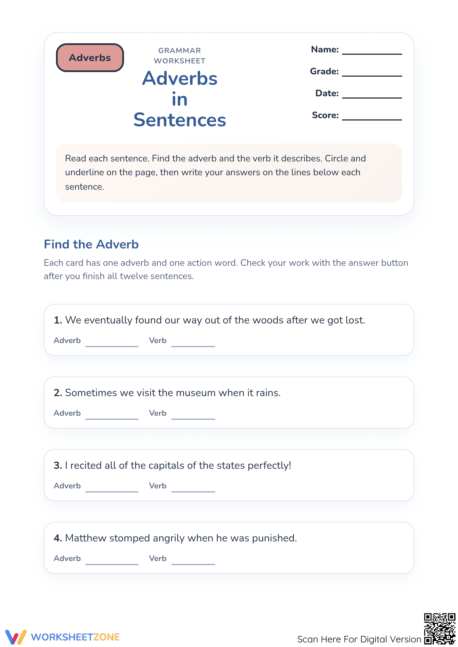 Grade 1 Adverbs Worksheet | Essential Grammar Practice - Page 1