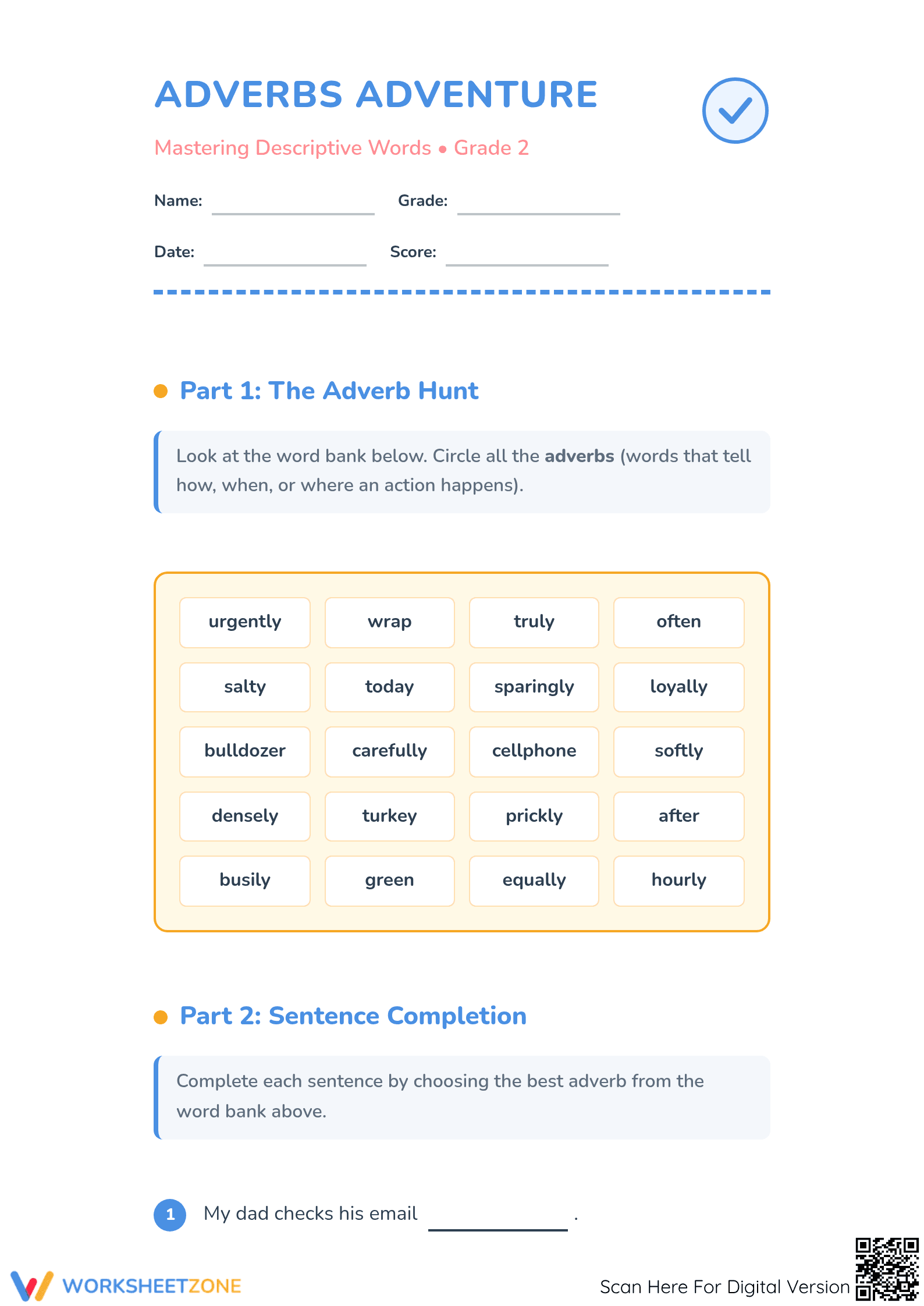 Grade 2 Adverbs Adventure | Essential Printable Worksheet - Page 1