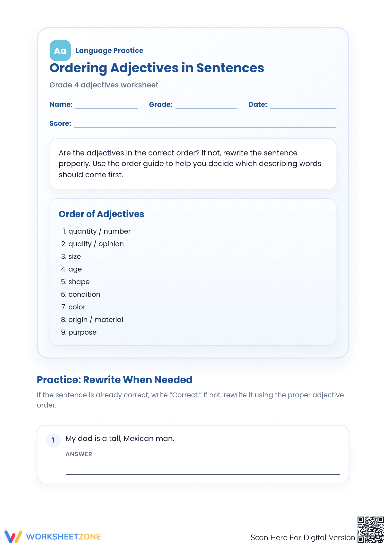Ordering Adjectives Worksheet | Essential Grade 4 ELA - Page 1