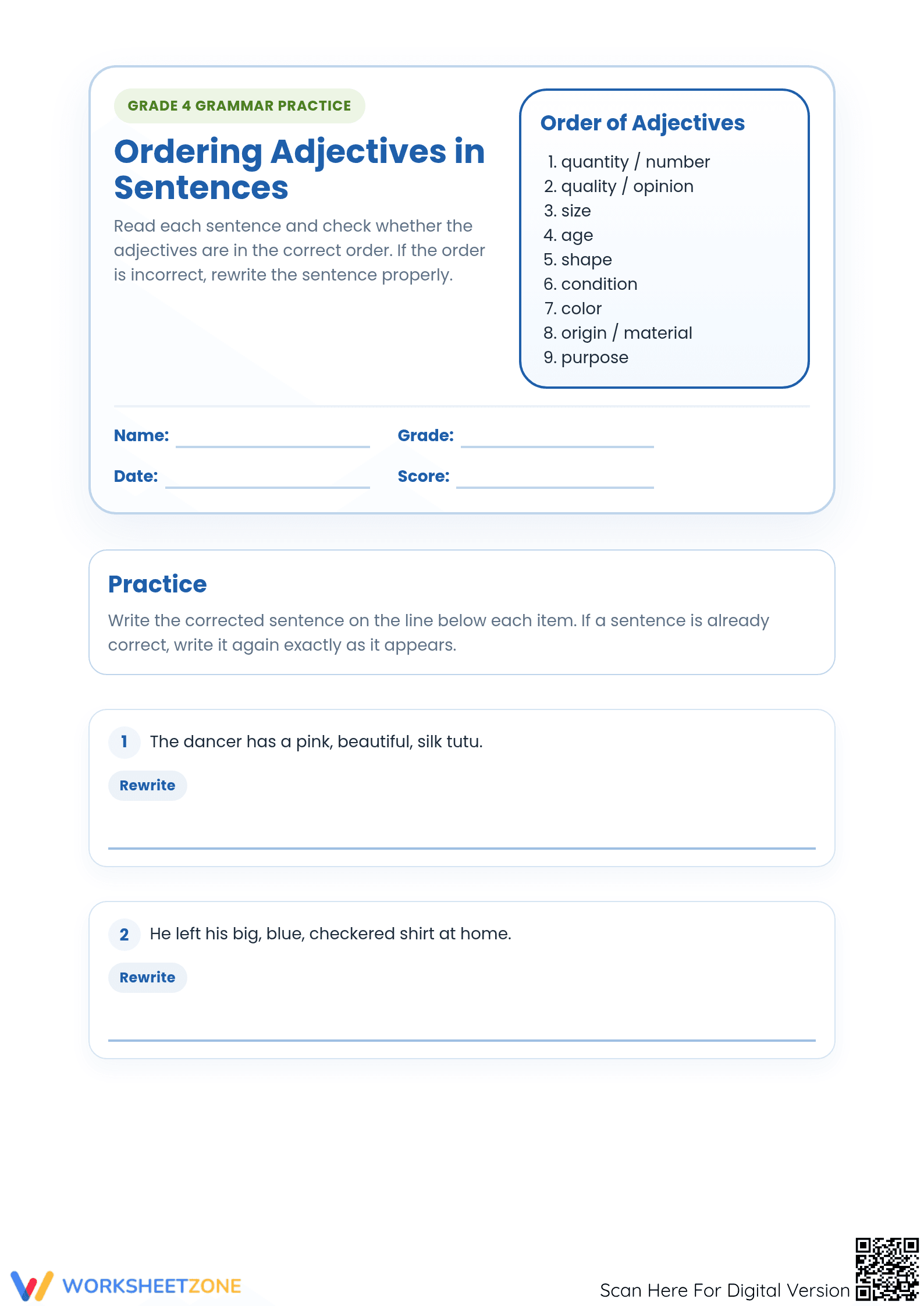 Ordering Adjectives Worksheet | Grade 4 Essential ELA - Page 1