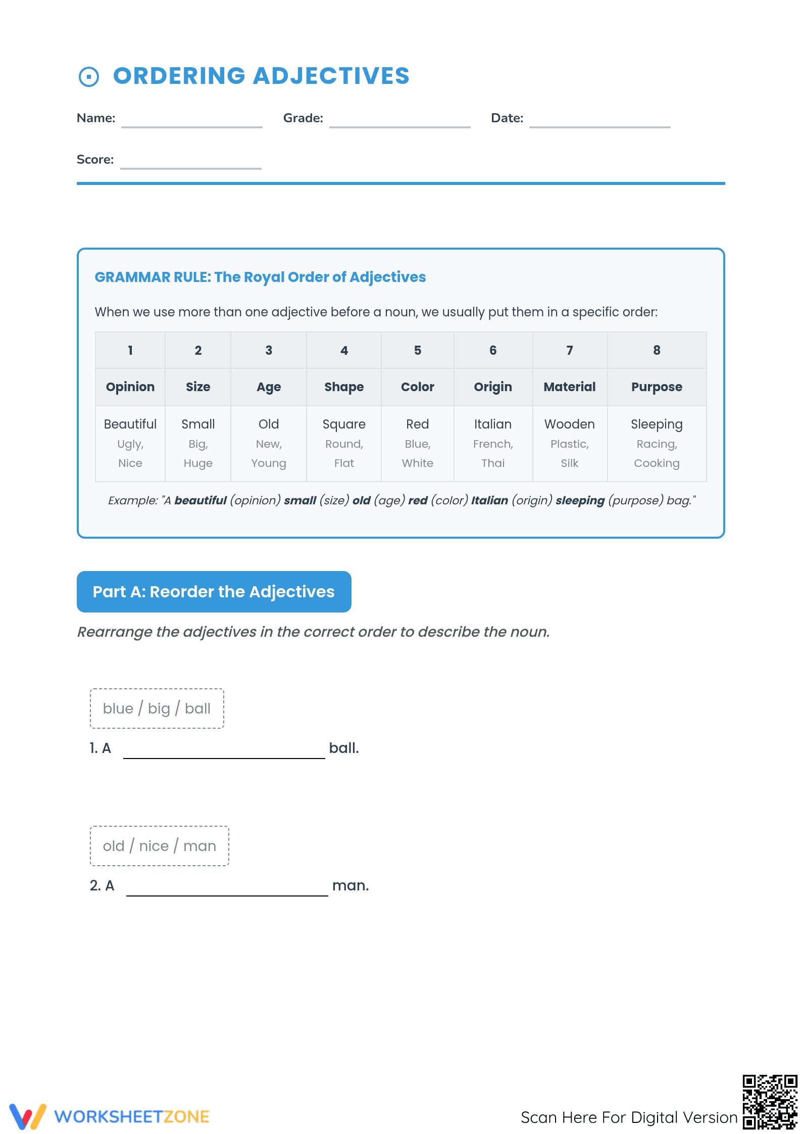 Ordering Adjectives Worksheet | Grade 4 Essential - Page 1