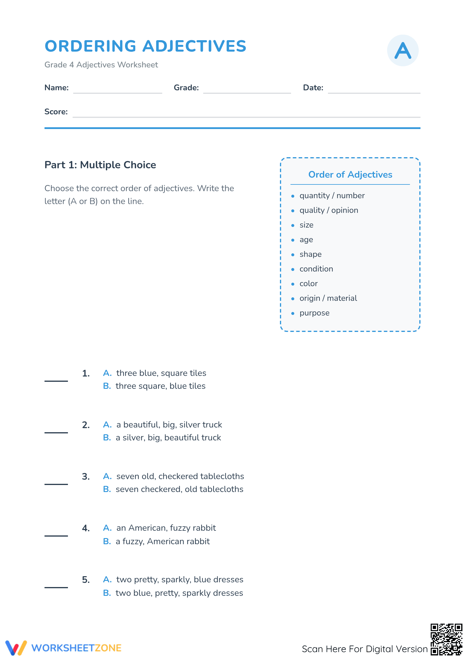 Ordering Adjectives Worksheet | Grade 4 ELA Printable - Page 1