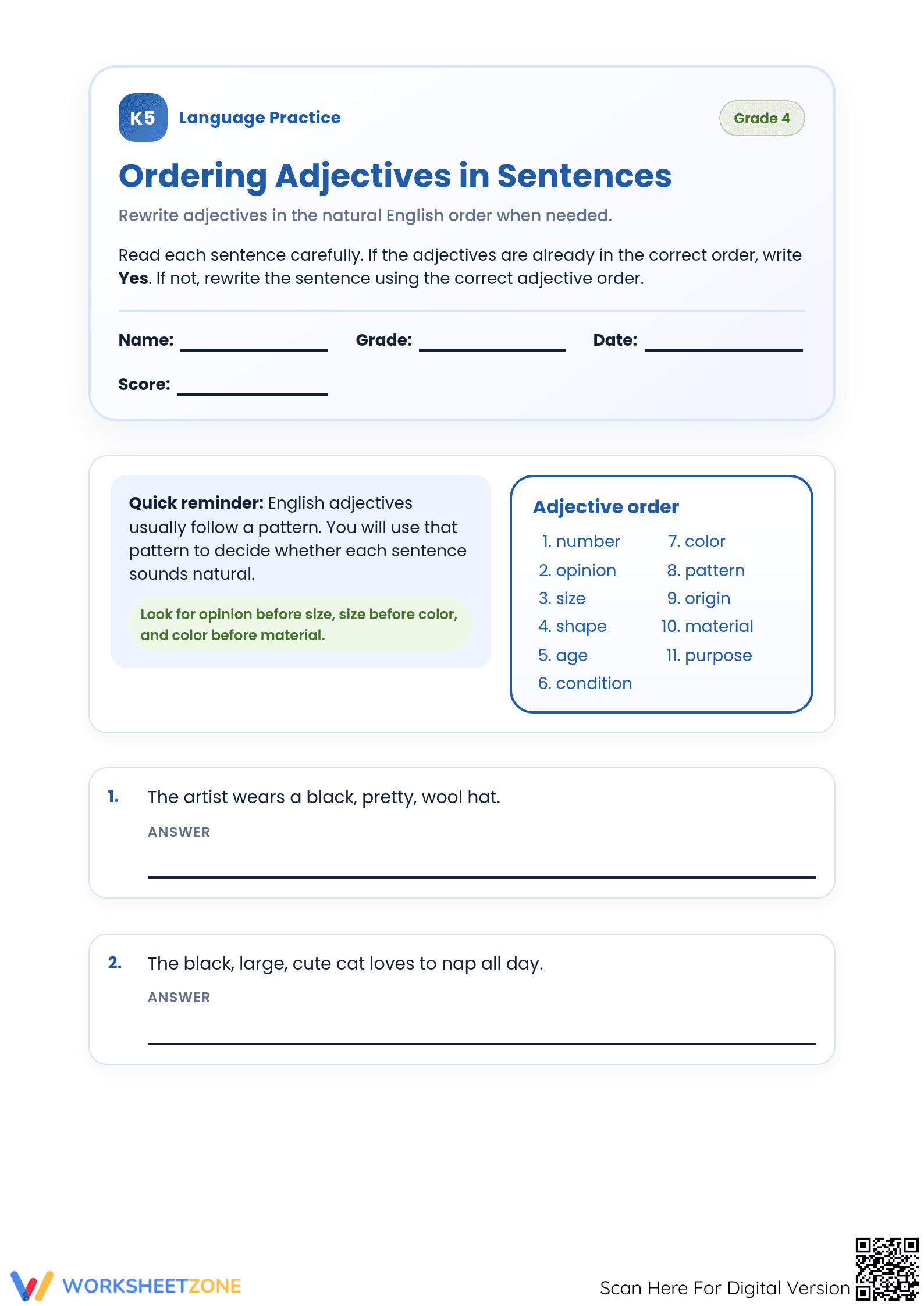Ordering Adjectives Worksheet | Grade 4 Essential Practice - Page 1