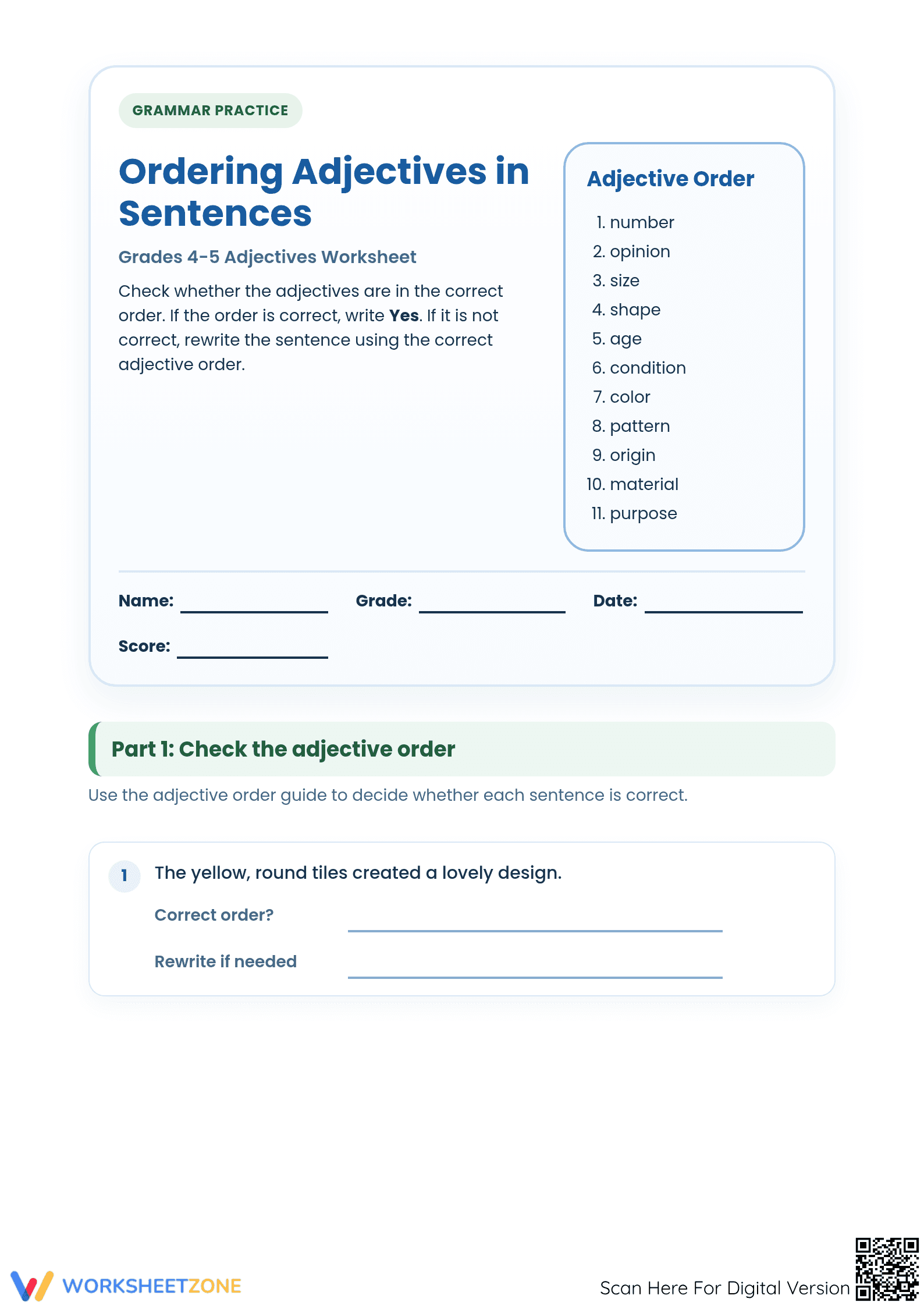 Ordering Adjectives Worksheet | Essential Grade 4-5 ELA - Page 1