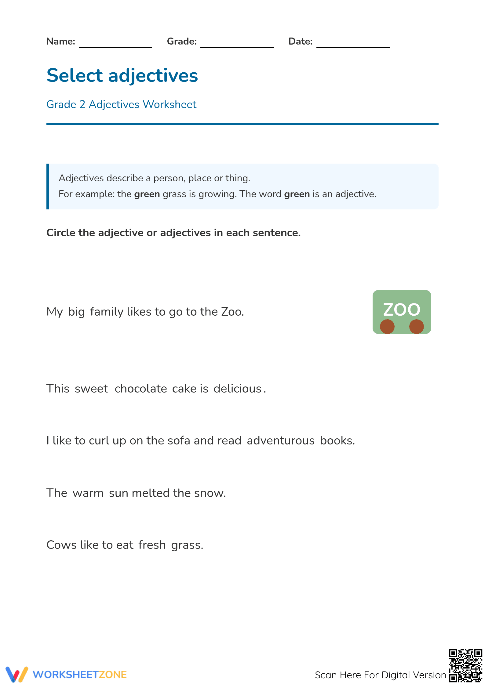 Grade 2 Adjectives — Printable No-Prep Worksheet - Page 1