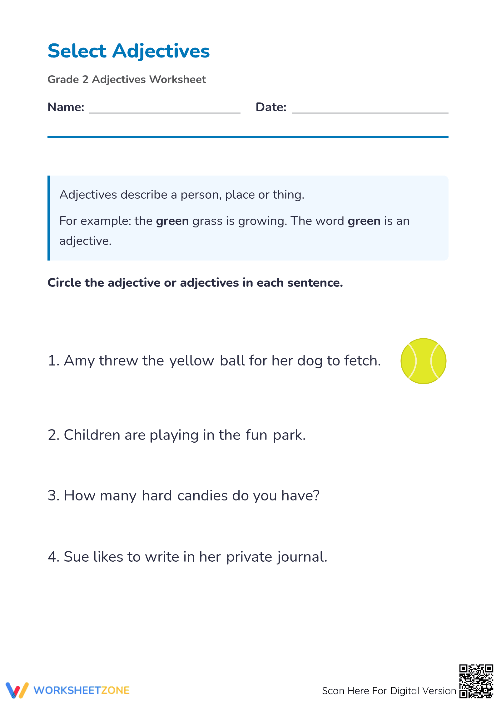 Grade 2 Adjectives — Printable No-Prep Worksheet - Page 1